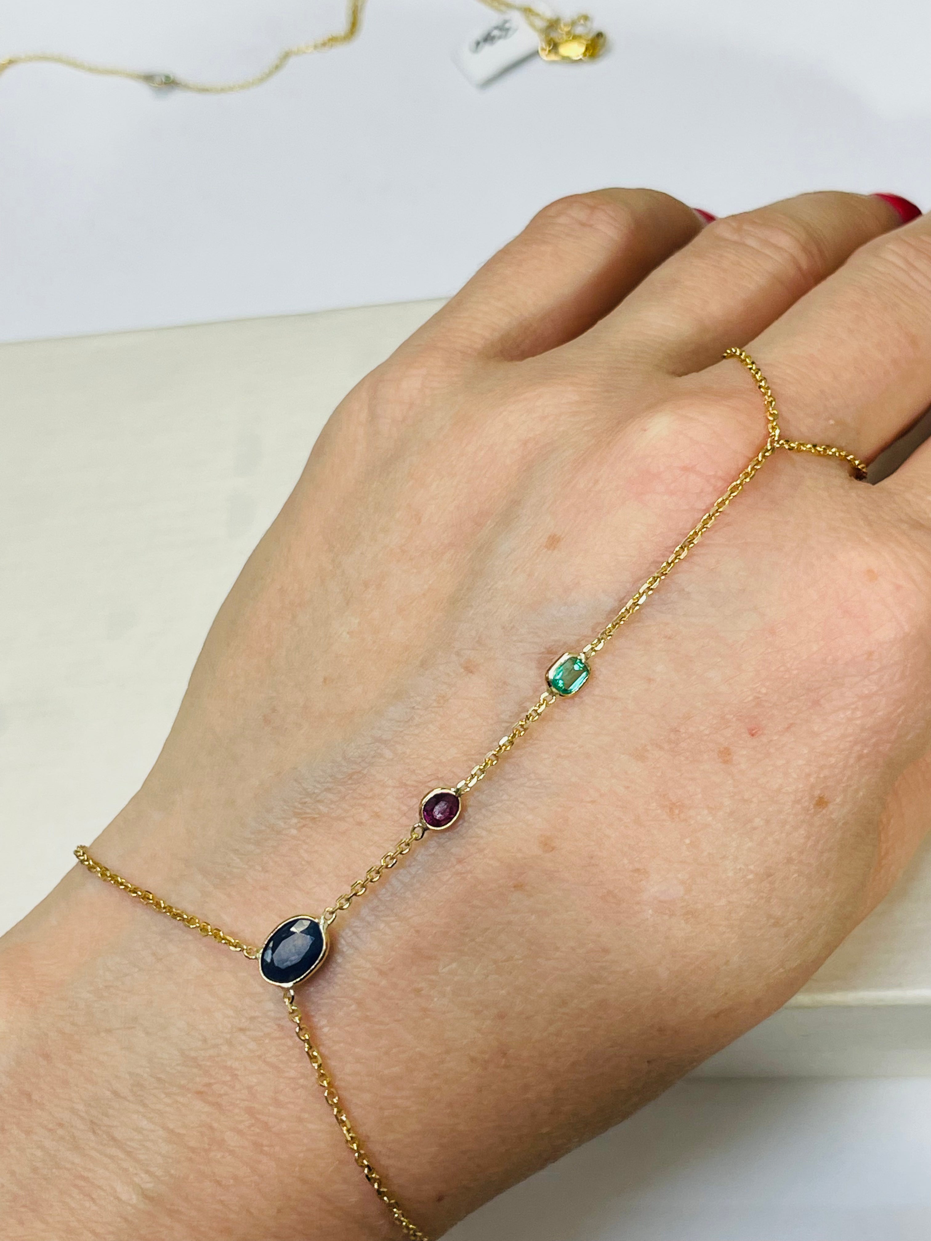 Emerald Ruby Sapphire Hand Chain Solid 14k Yellow Gold