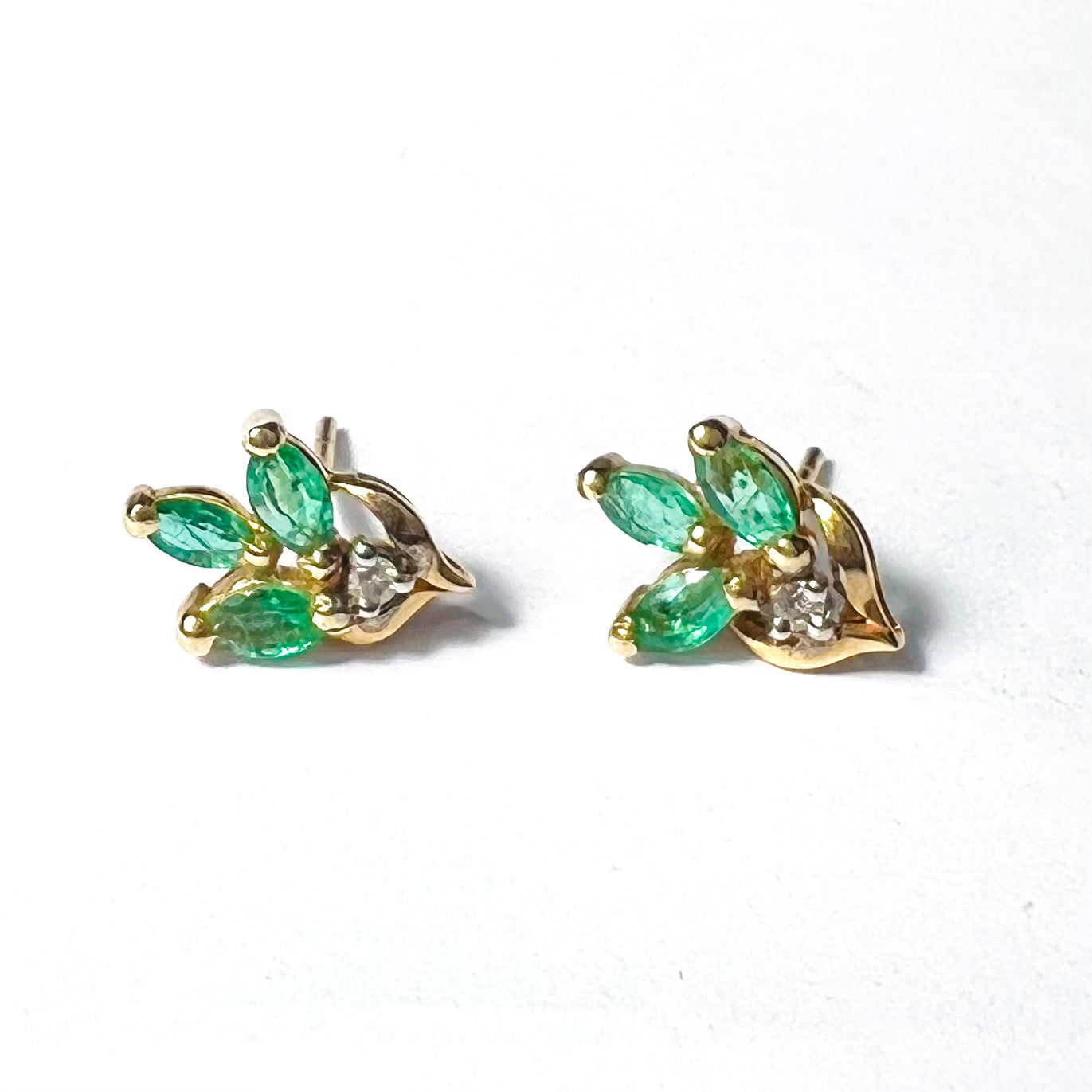 14K Yellow Gold Marquise Emerald & Diamond Floral Earring Pushback Studs 11x7mm