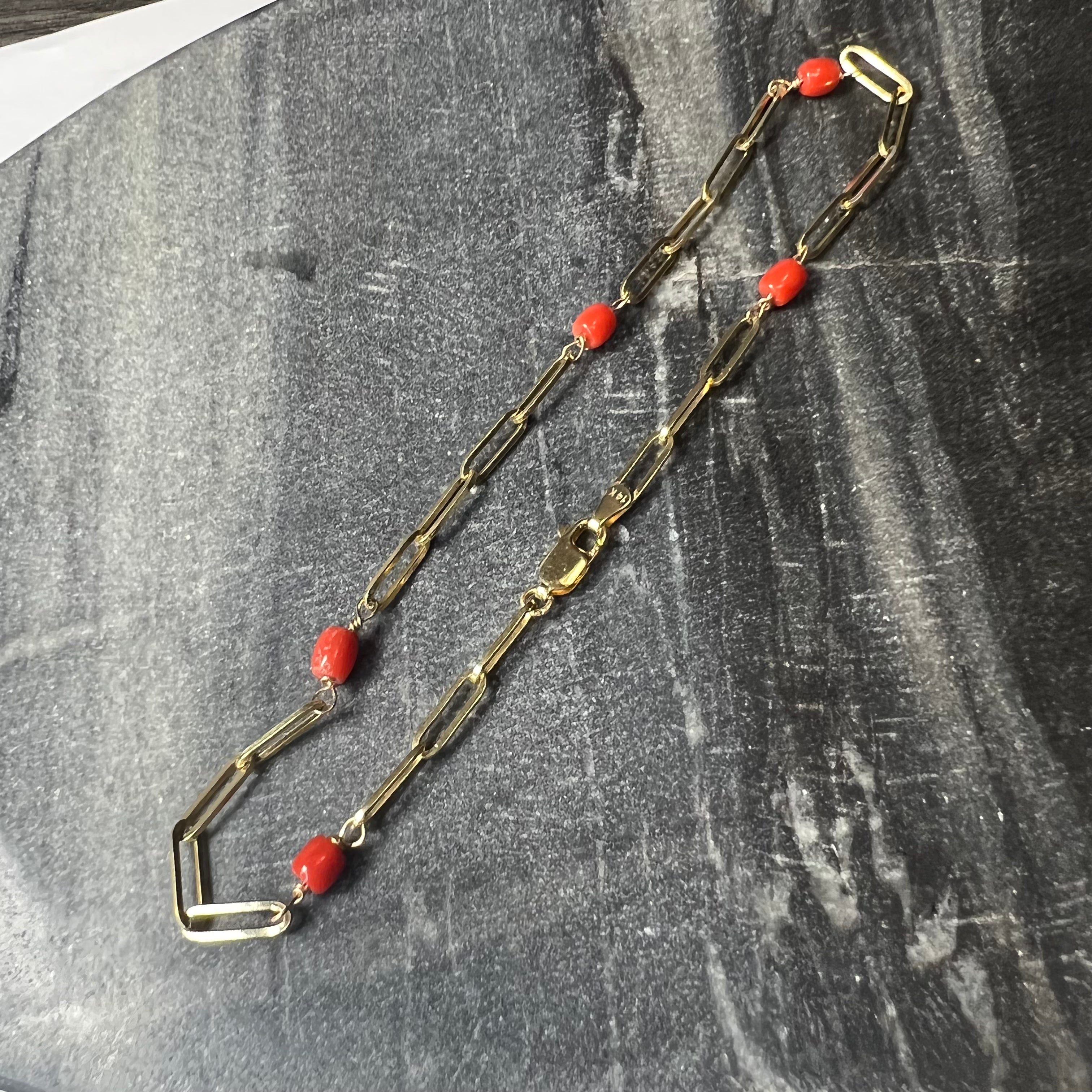 Solid 14K Yellow Gold Coral Beads Station Paperclip Anklet 10"