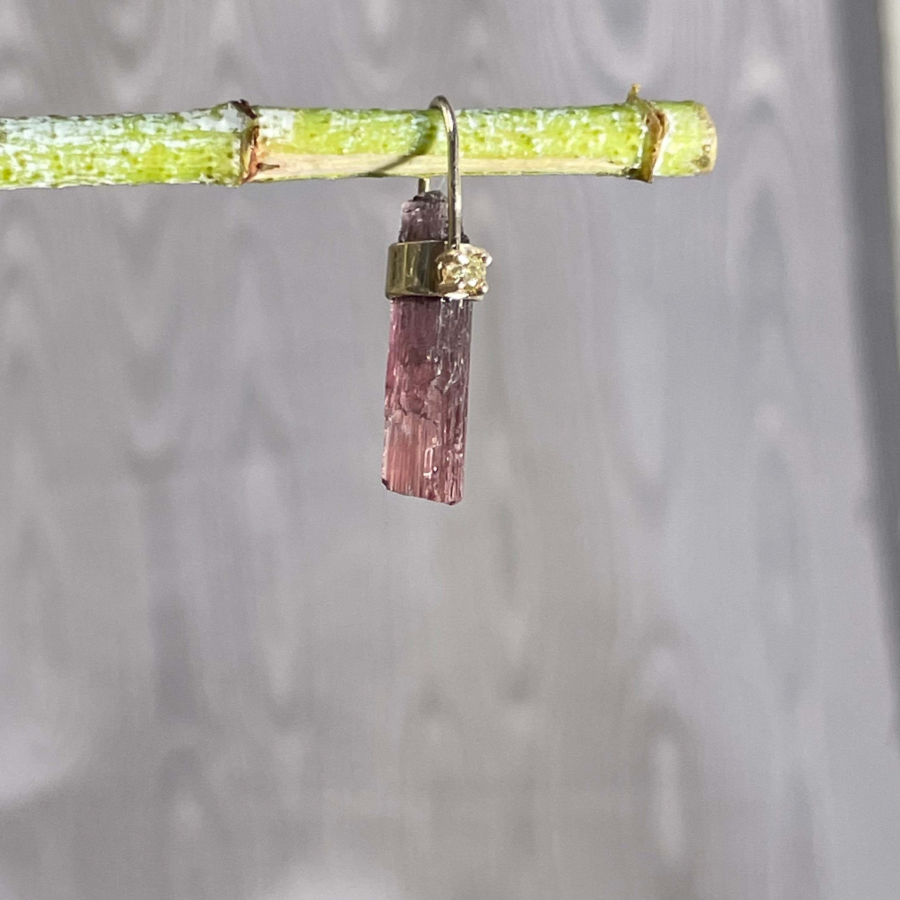 Rough Pink Tourmaline and Diamond 14K Yellow Gold Amulet