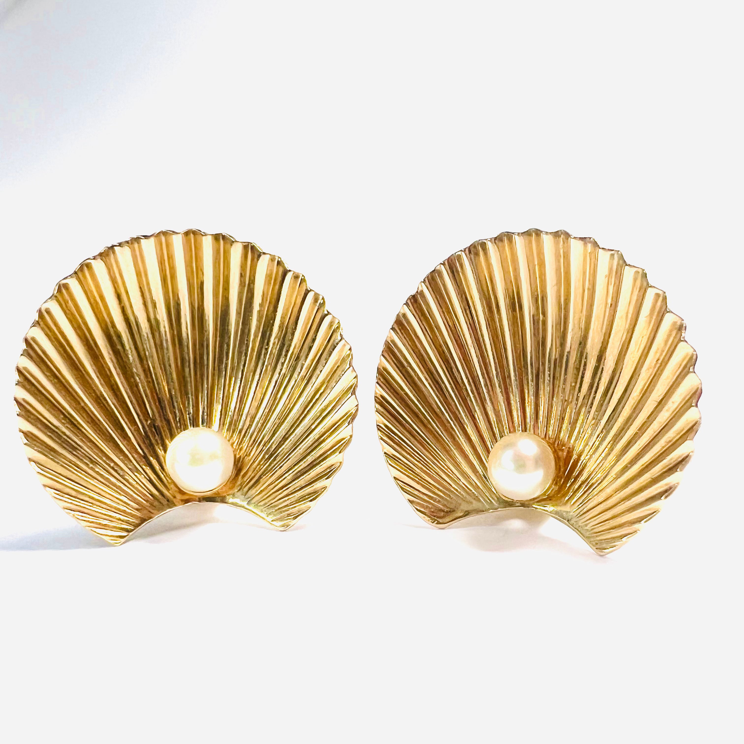 Solid 14K Yellow Gold Sea Shell Pearl Omega Back Earrings