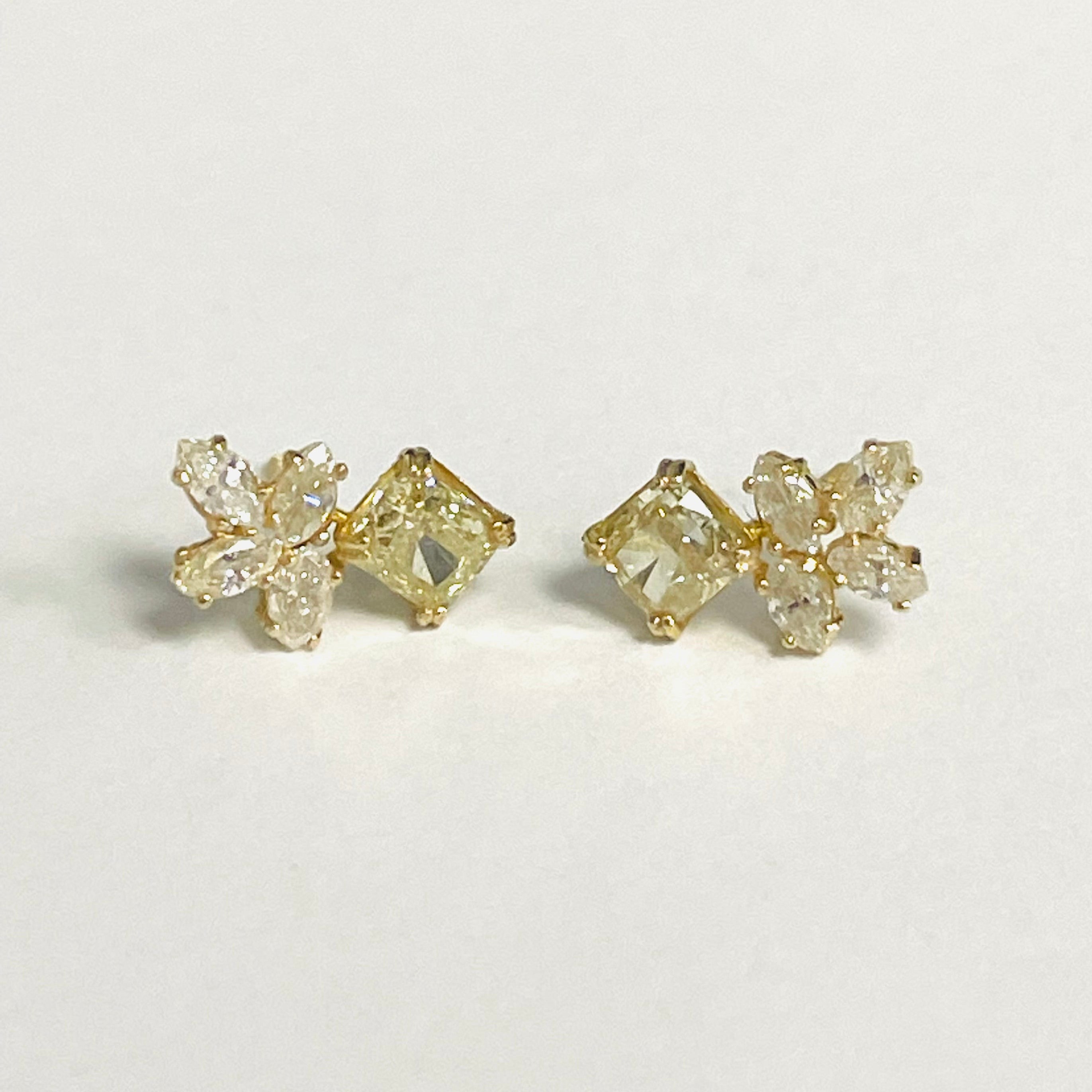 1.3CTW Canary Cushion and Marquis Diamond Stud Earrings 14K Gold