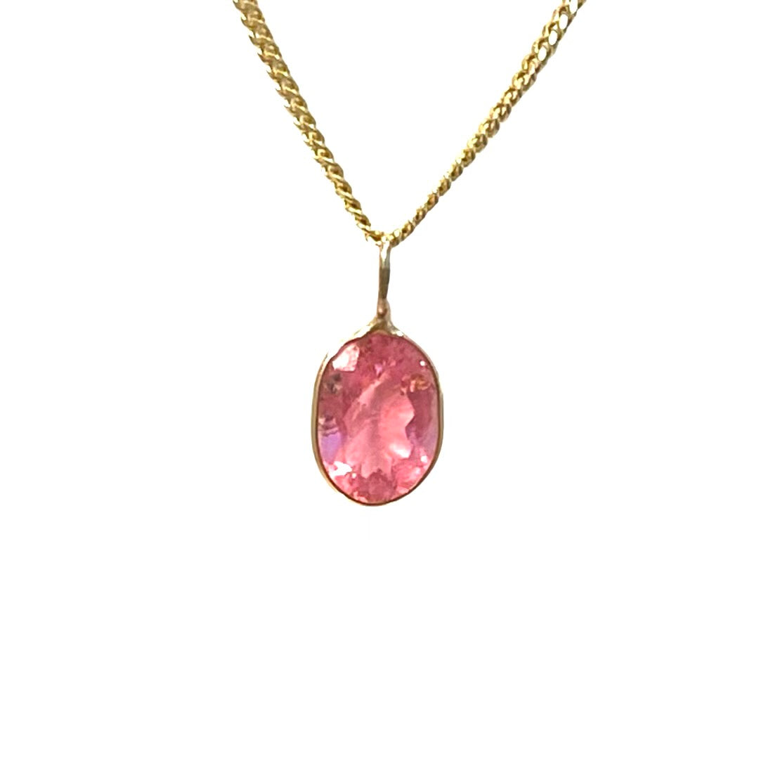 Natural Pink Oval Tourmaline 14K Yellow Gold Pendant Charm 15x7mm