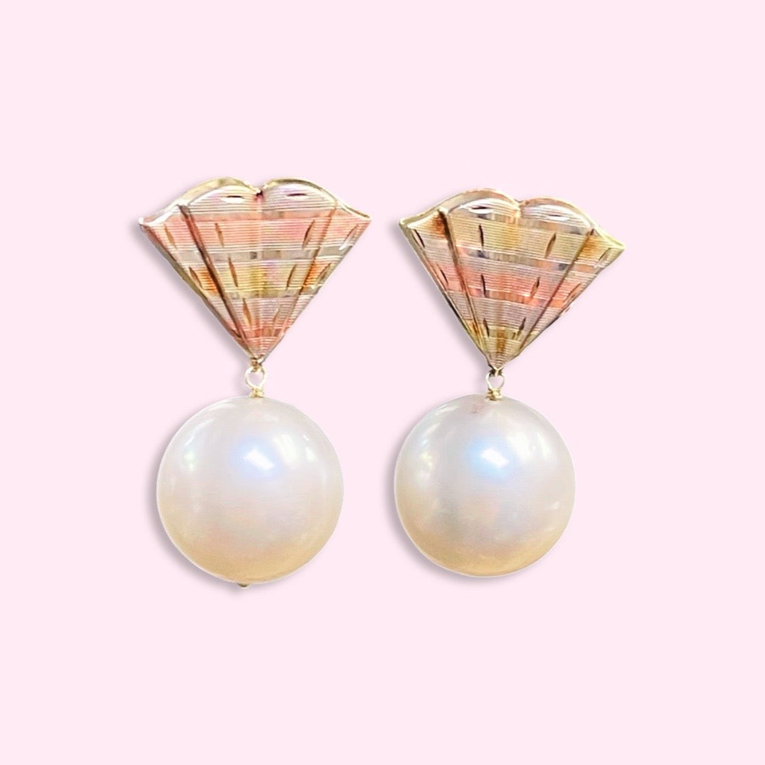 16mm Large Freshwater Pearl and 14K TRITONE Fan Earrings