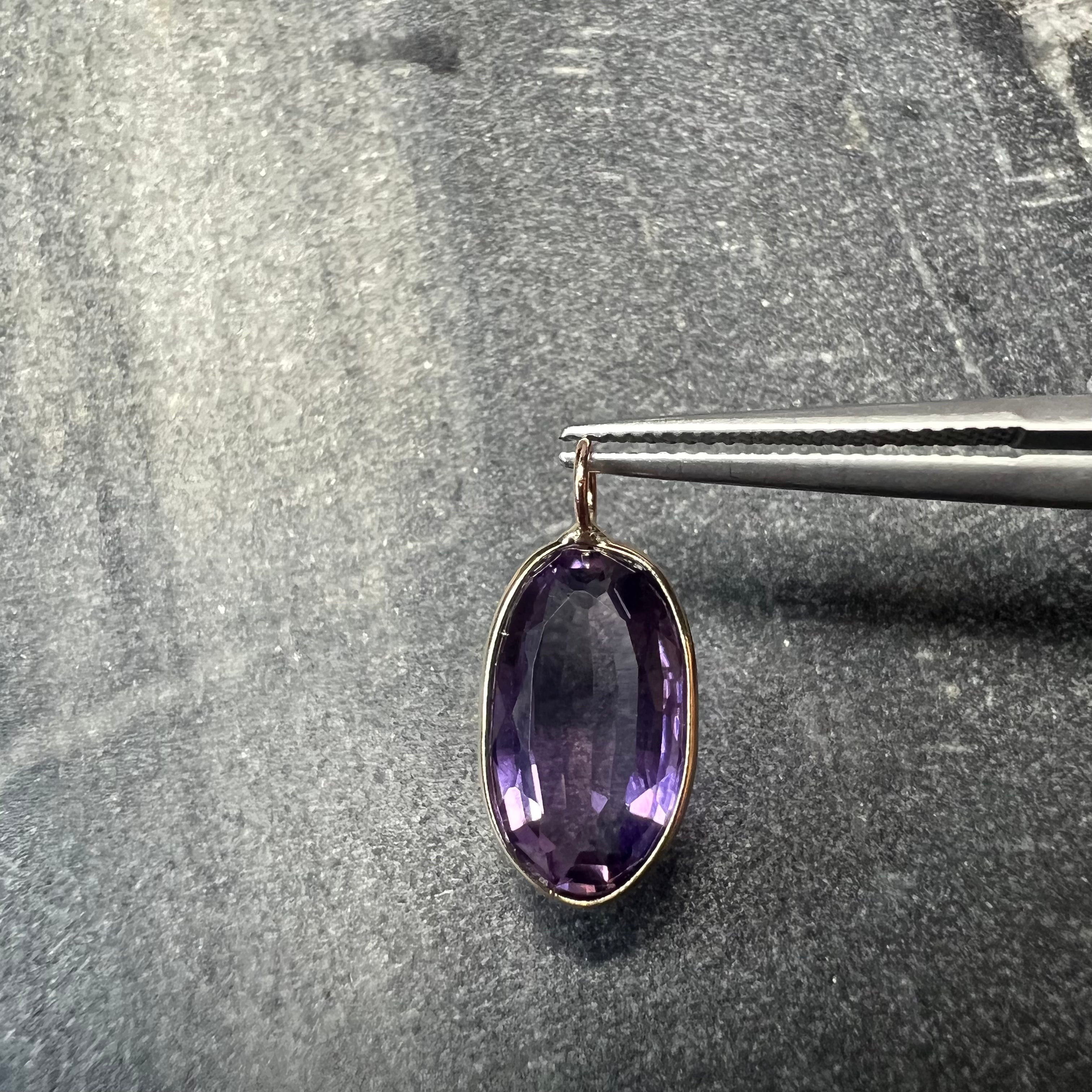 5.2CT Natural Long Oval Amethyst 14K Yellow Gold Pendant Charm 20x9mm