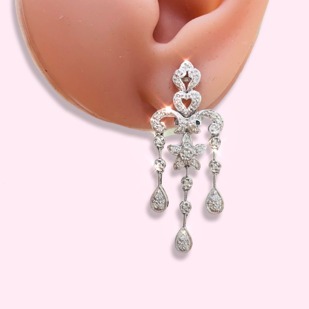 14K White Gold Diamond Chandelier Milgrain Drop Earrings