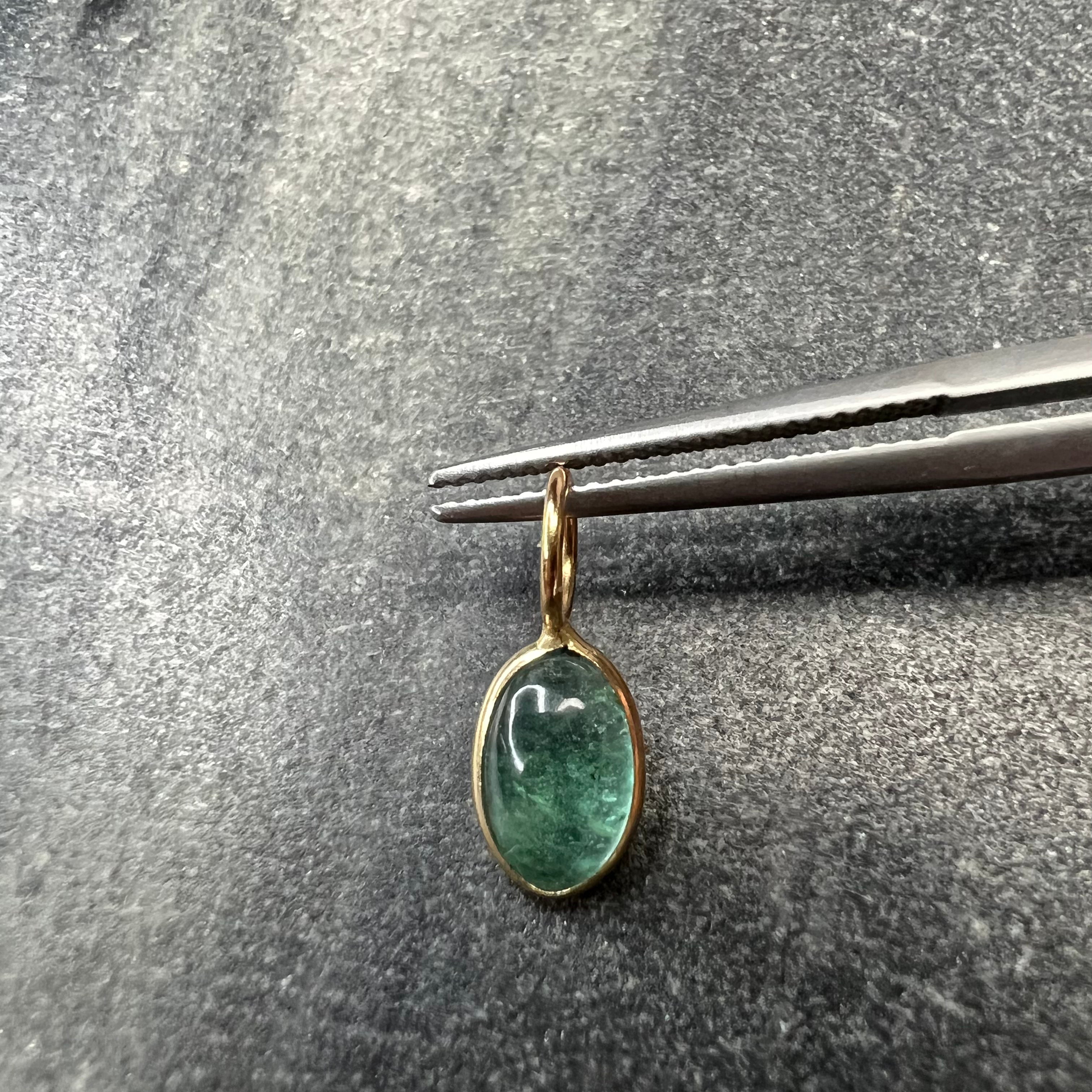 1.28CT Colombian Oval Cabochon Emerald 14K Yellow Gold Pendant Charm 15.8x6.5mm