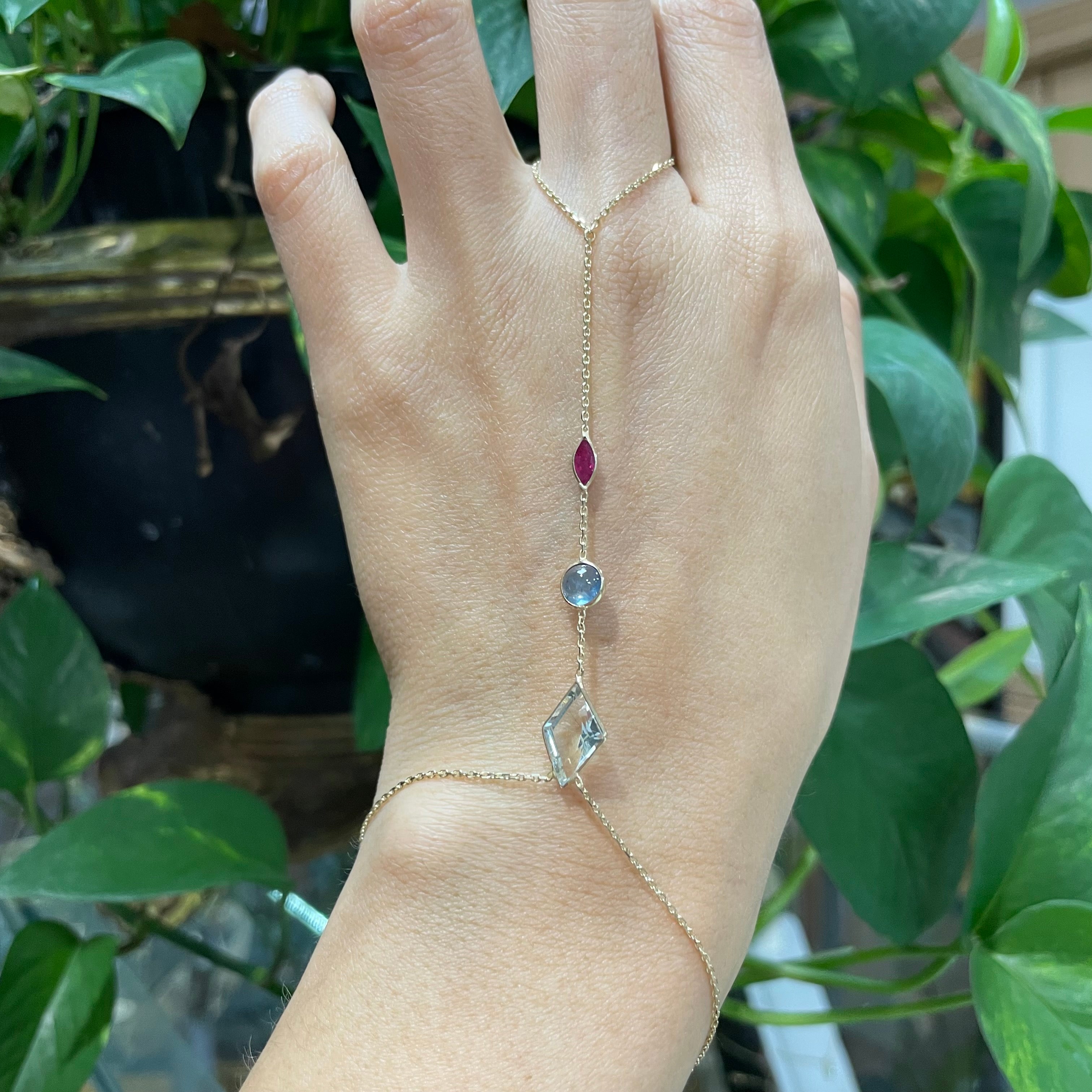 Aquamarine Sapphire and Ruby Handchain in solid 14k Yellow Gold