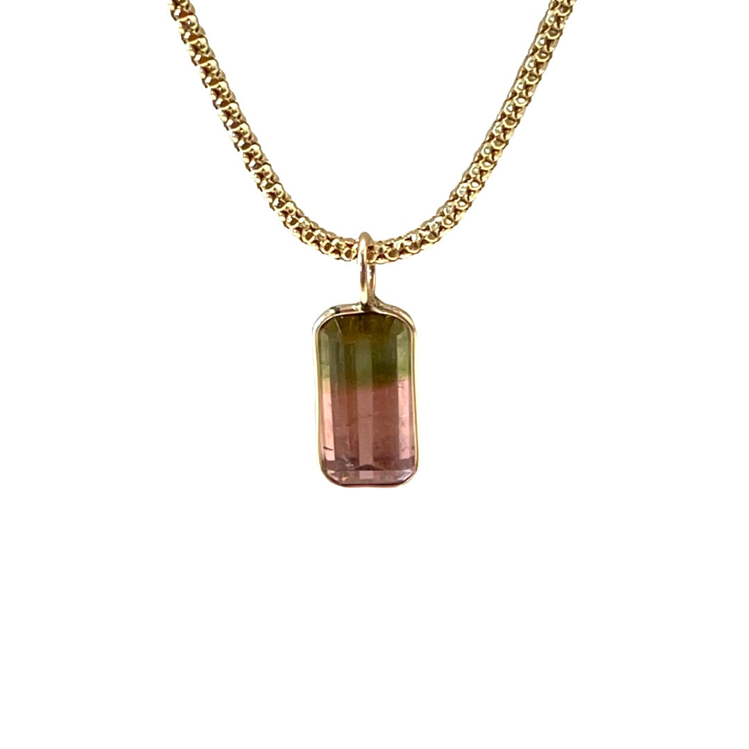 Natural Watermelon Tourmaline 14K Yellow Gold Pendant Charm 18x7mm