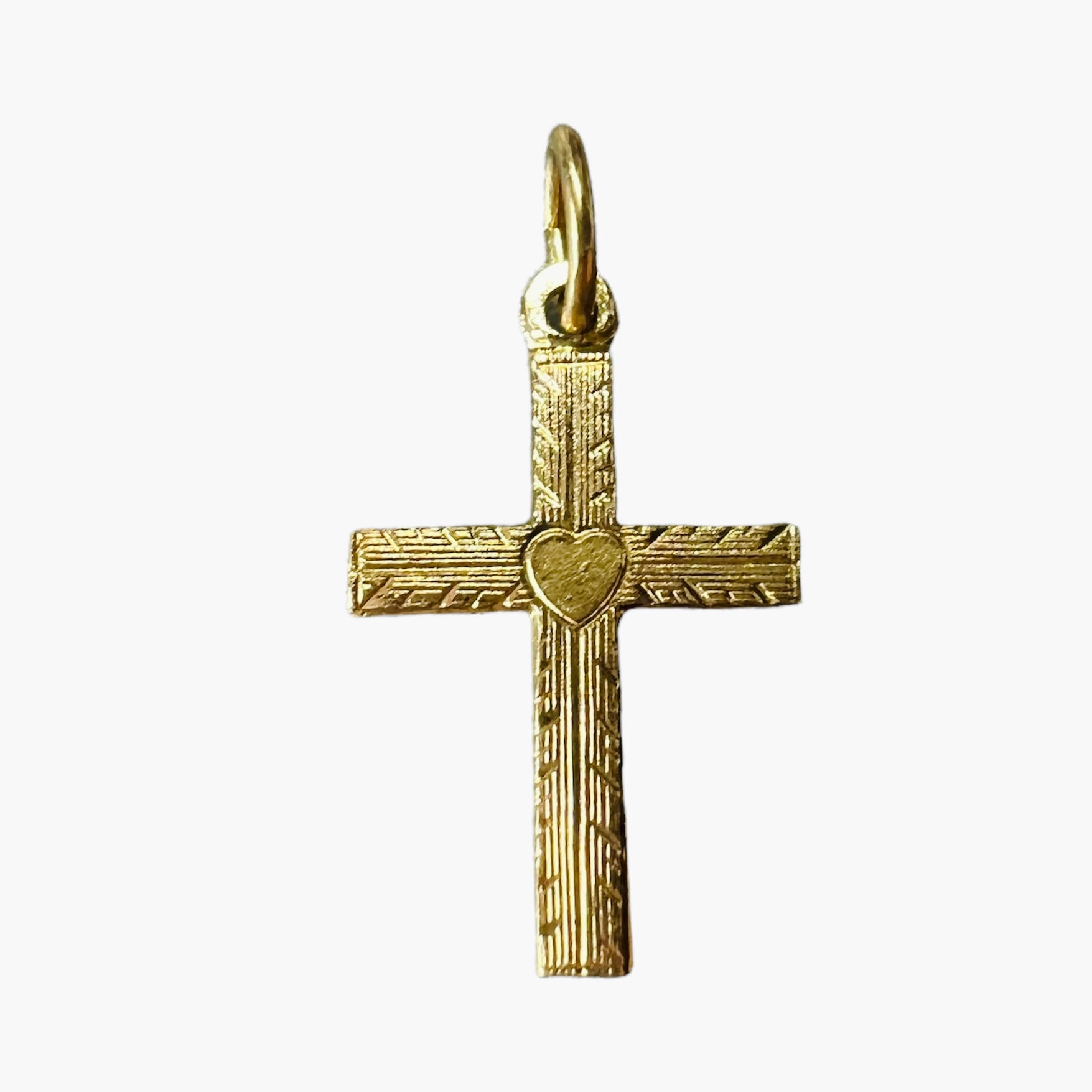 Solid 14K Yellow Gold Textured Shinny Heart Engraved Cross Pendant 17x9mm