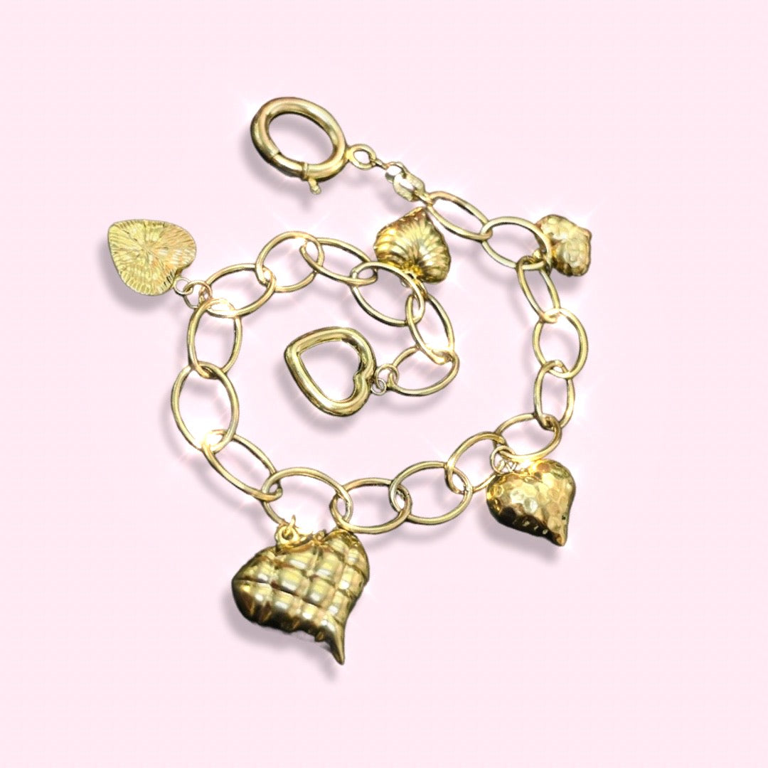 Cute Vintage Puffy Heart 6 Charm Rolo Link 14K Yellow Gold Bracelet 7.75" 5.06g