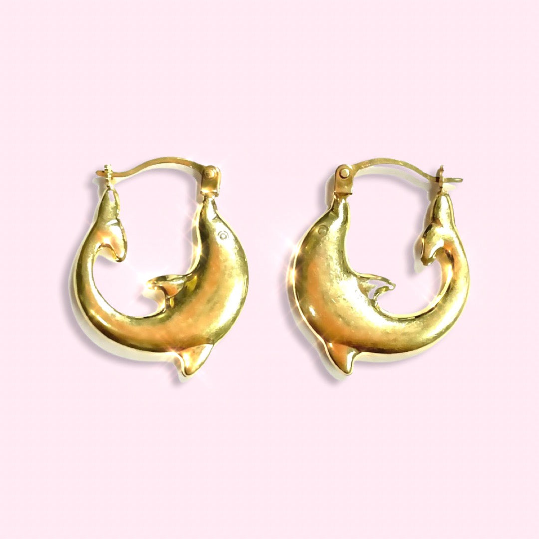 Solid 10k Yellow Gold Puffy Dolphin Hoops