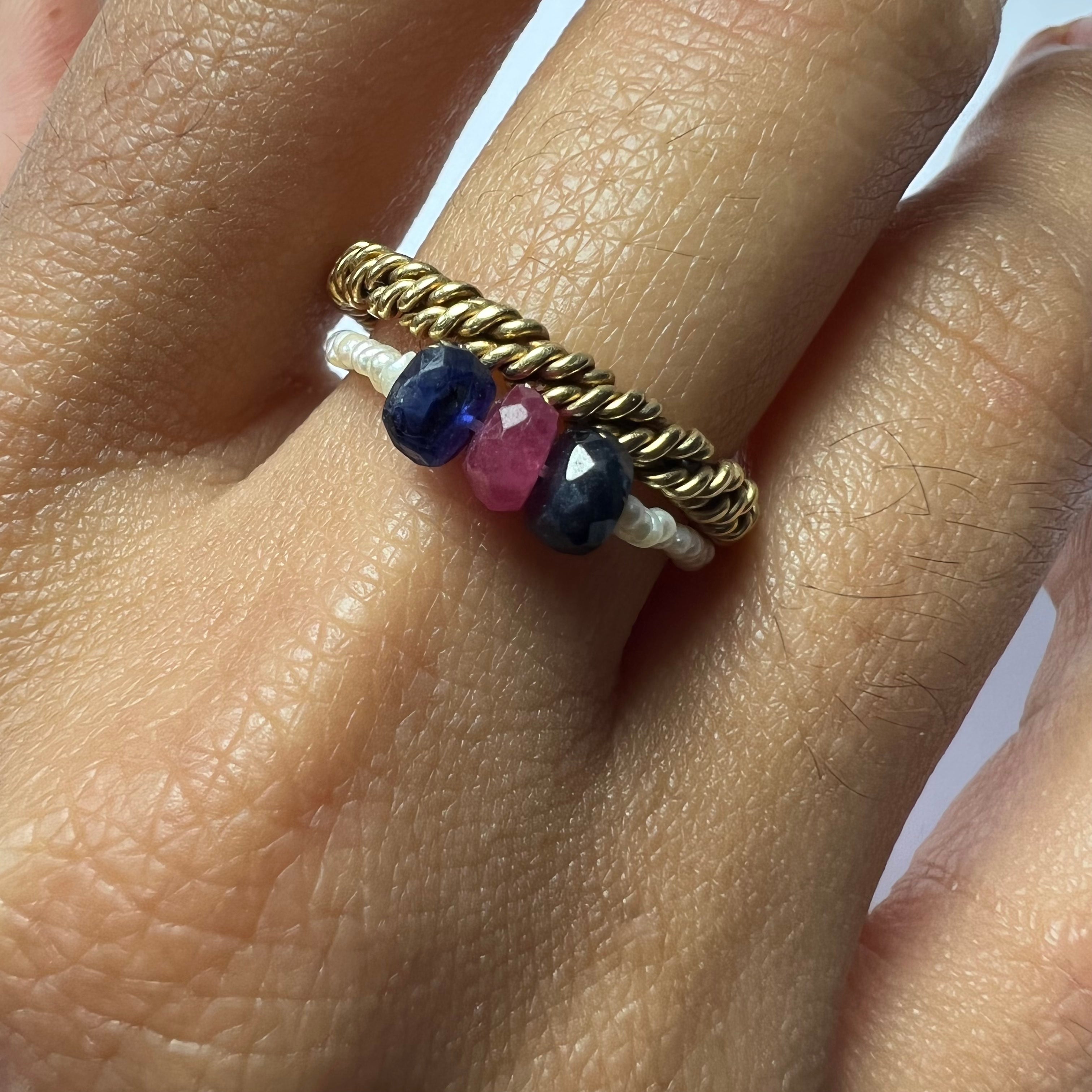 Natural Seed Pearl Eternity Rough Sapphire and Ruby Ring Size 6