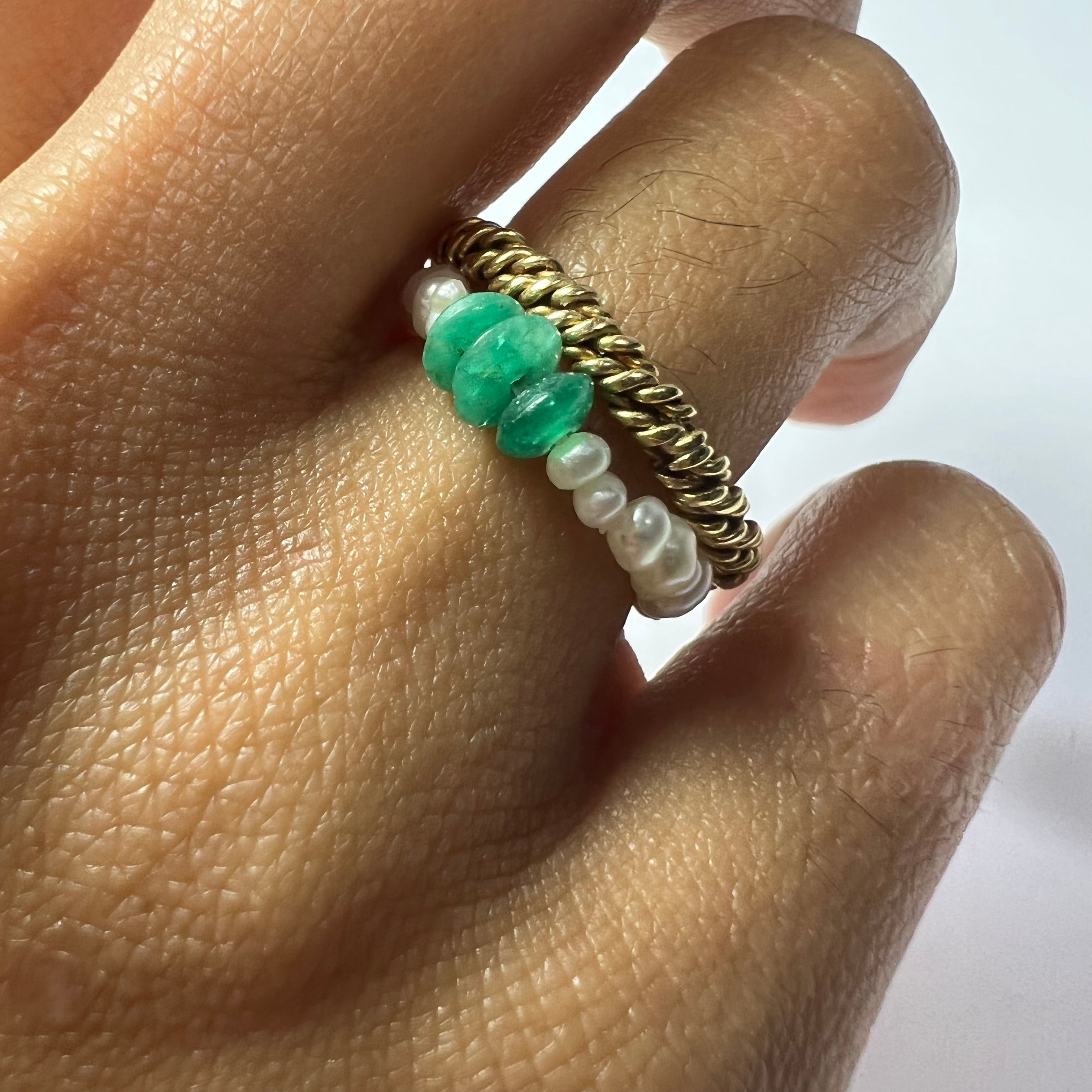 Natural Seed Pearl Eternity Natural Emerald Ring Size 4.5