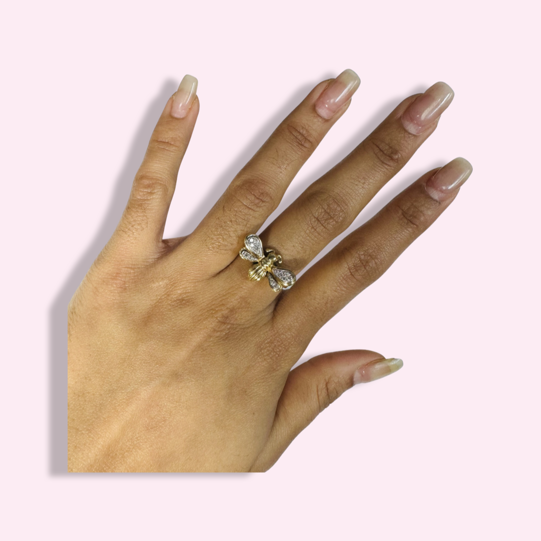 14K Yellow Gold Bee Diamond Winged Ring