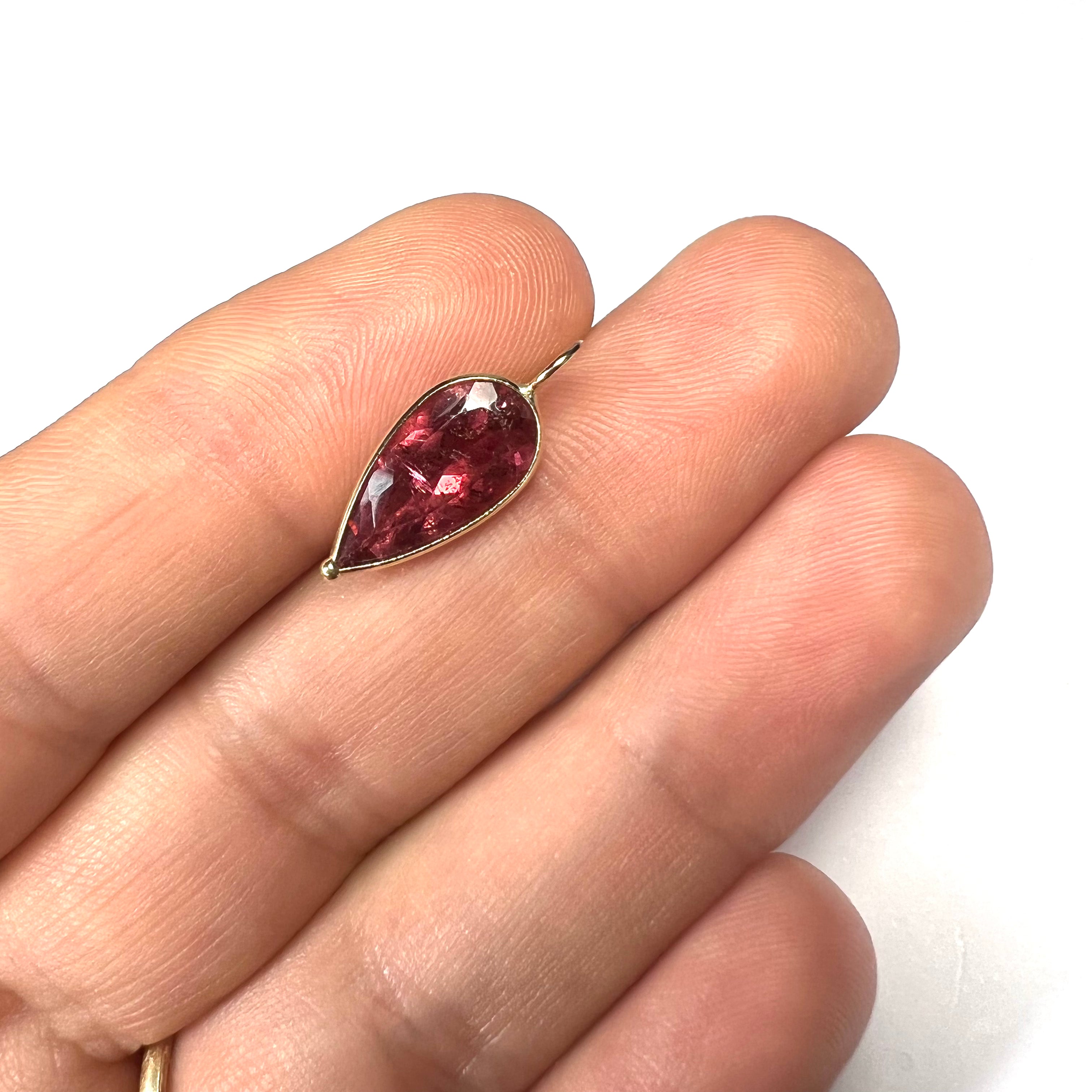 3CT Natural Pink Pear Tourmaline 14K Yellow Gold Pendant Charm 20x8mm