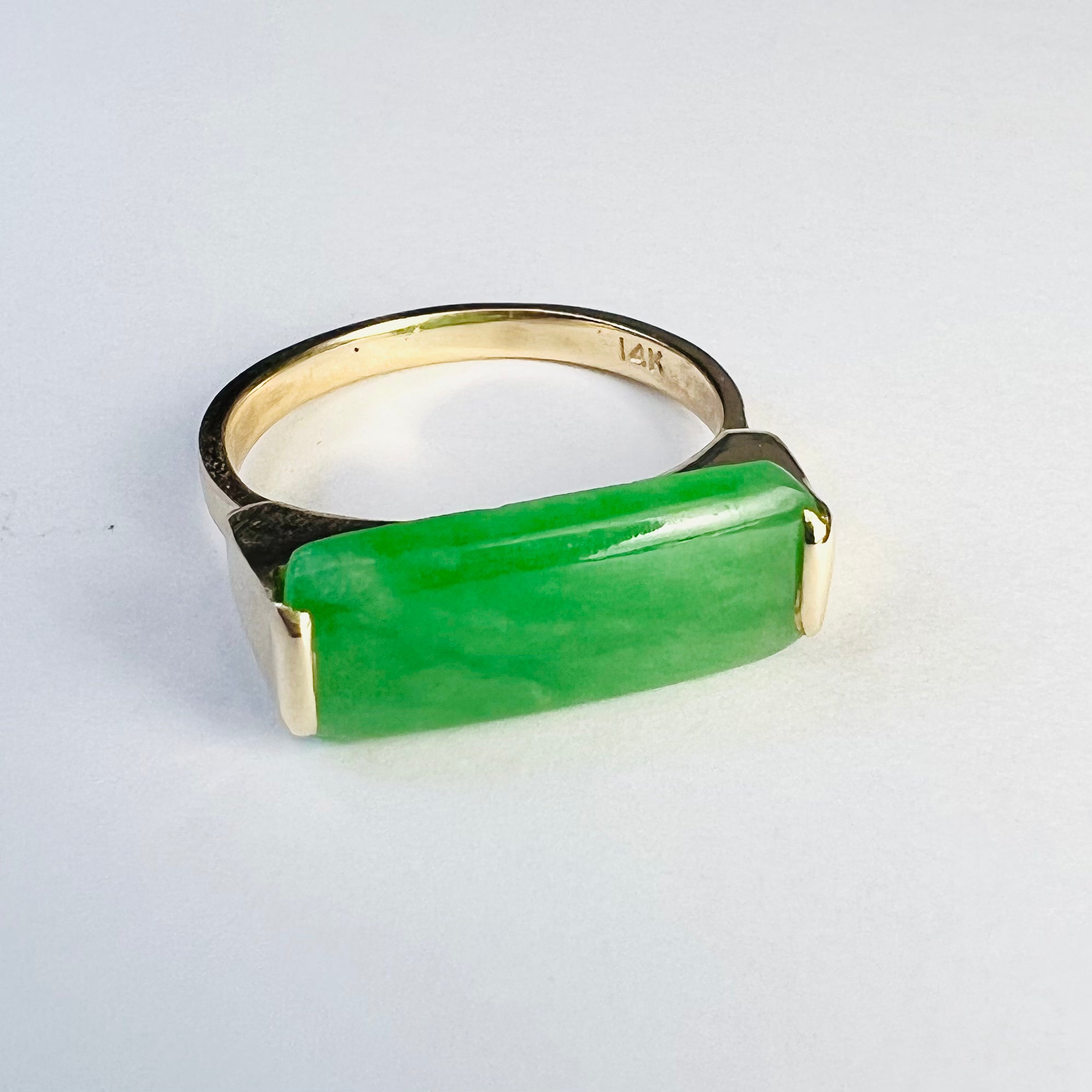 Solid 14K Yellow Gold Rectangular Jade Ring Band Size 6.5