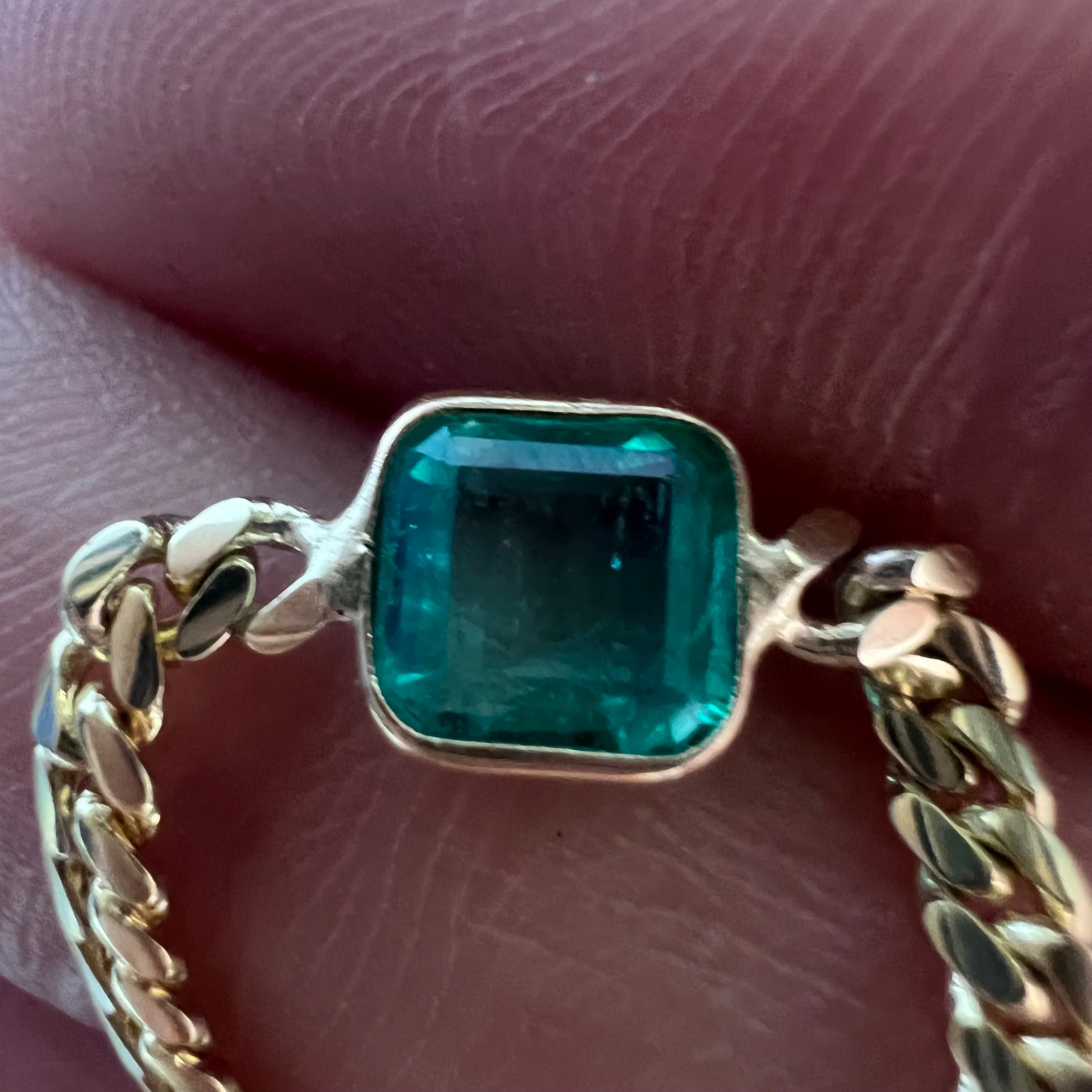 Solid 14K Yellow Gold Natural Square Emerald Cuban Chain Ring Size 7