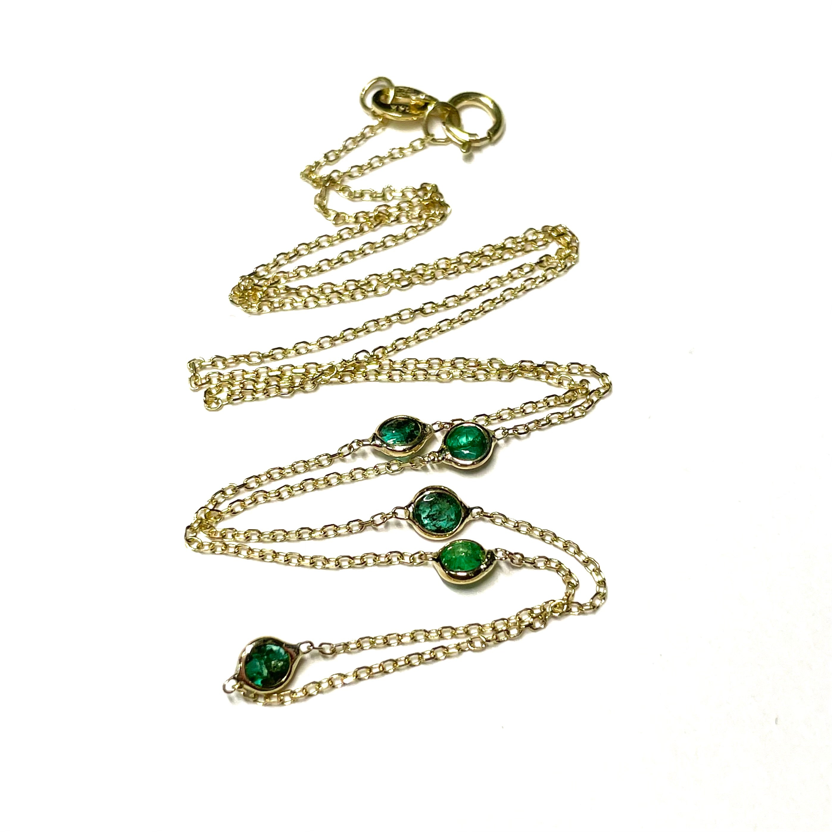 Five Round Emerald Necklace in Solid 14k Yellow Gold