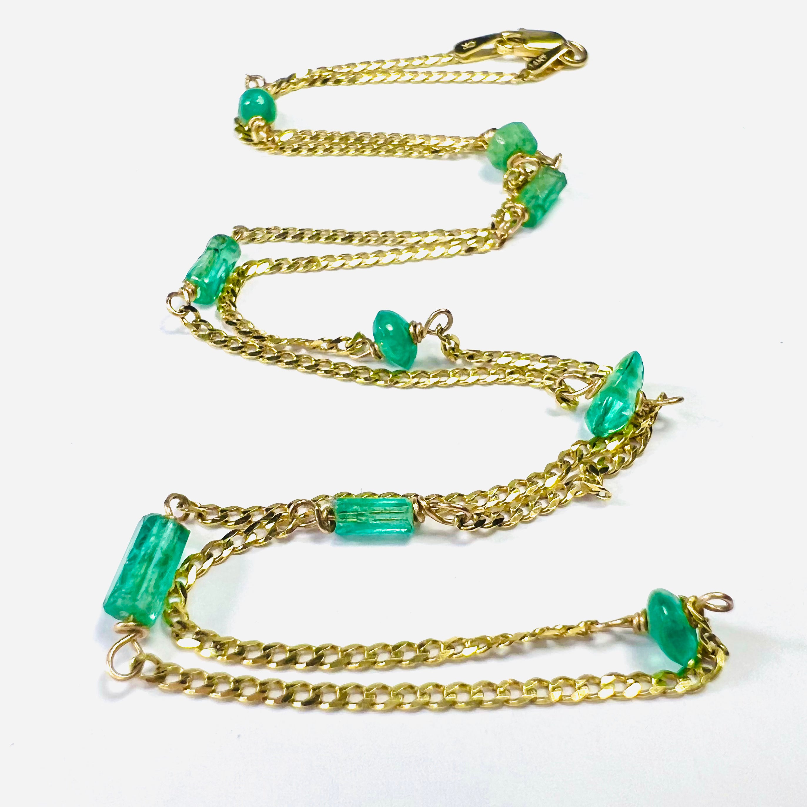 Rough Emerald Stationed 17.5" 14K Yellow Gold Cuban Chain Necklace