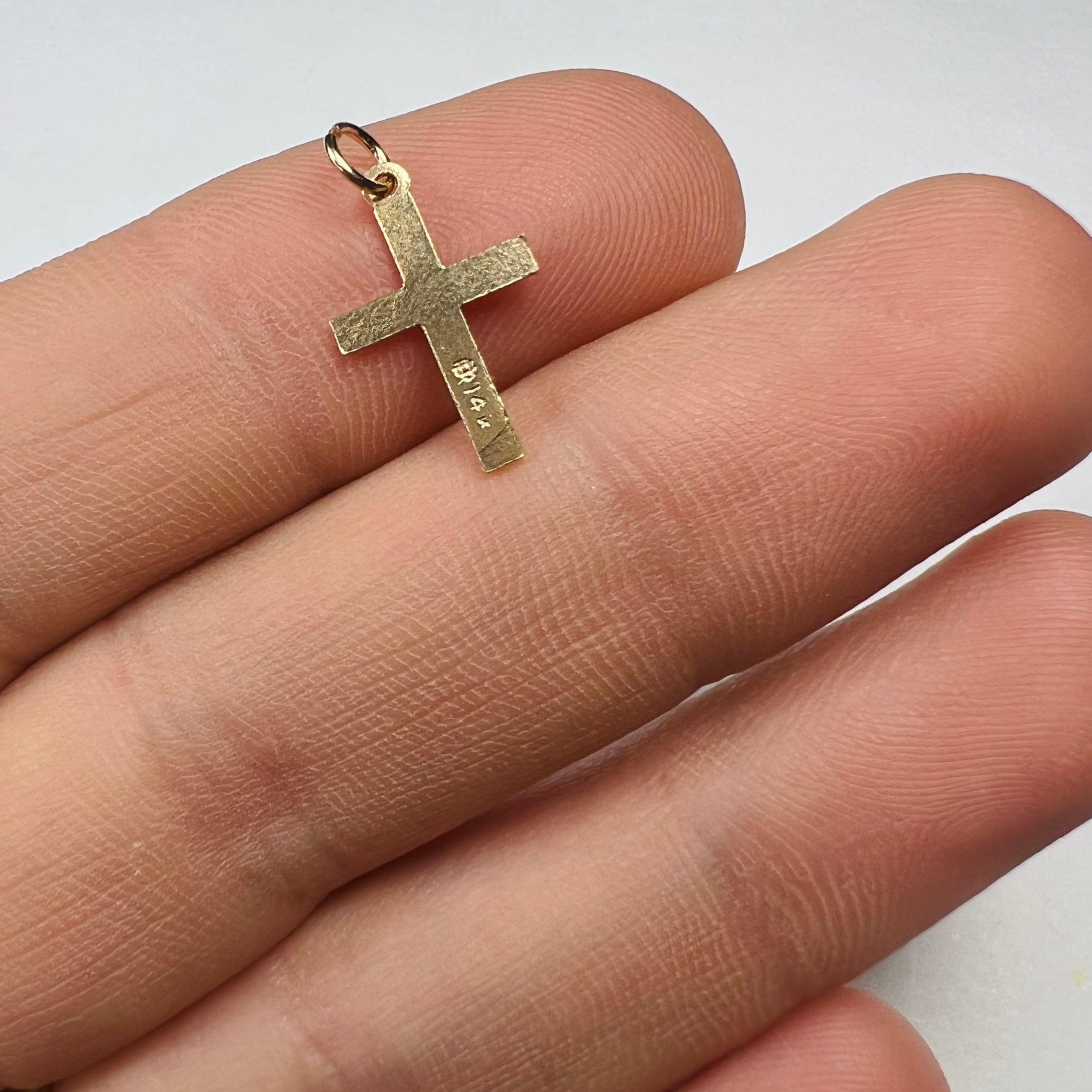 Solid 14K Yellow Gold Textured Engraved Cross Pendant 17x9mm