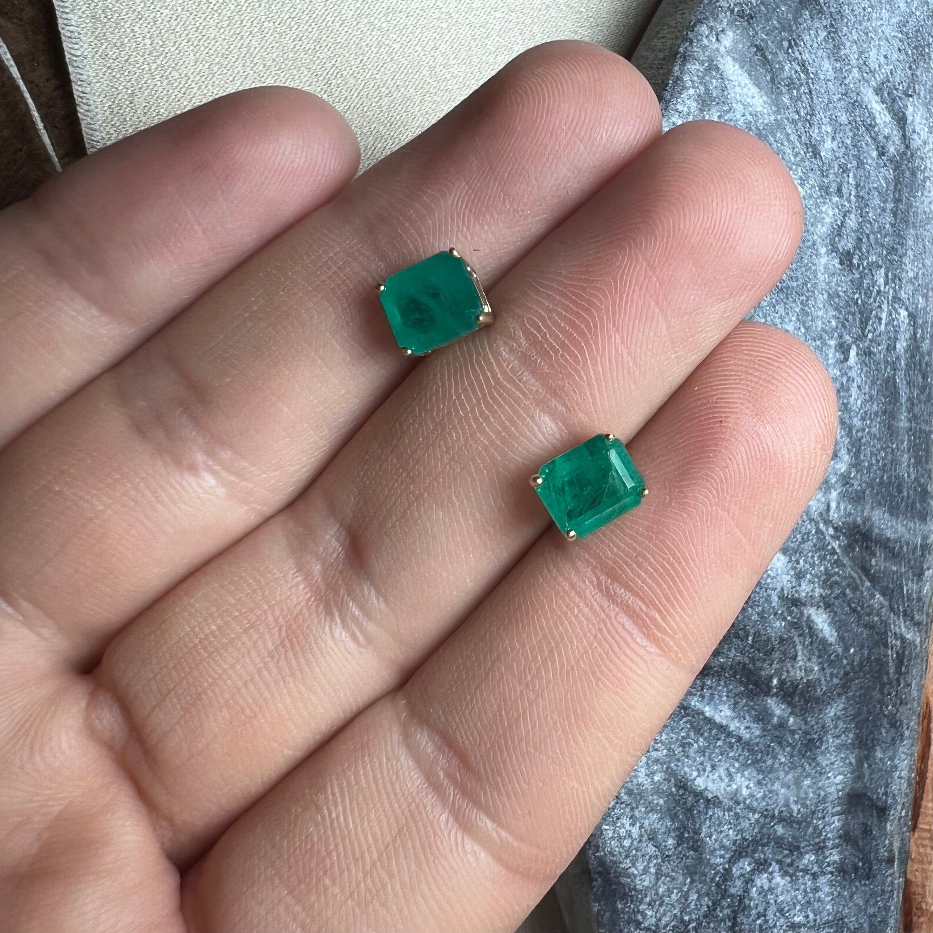 2.4CT Colombian Emerald  14K Yellow Gold Stud Earrings