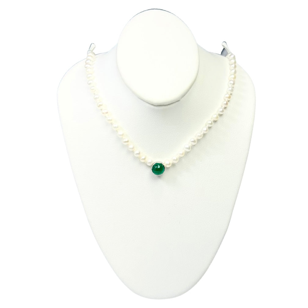 Beaded Pearl Necklace with Emerald 14K White Gold Clasp 16"