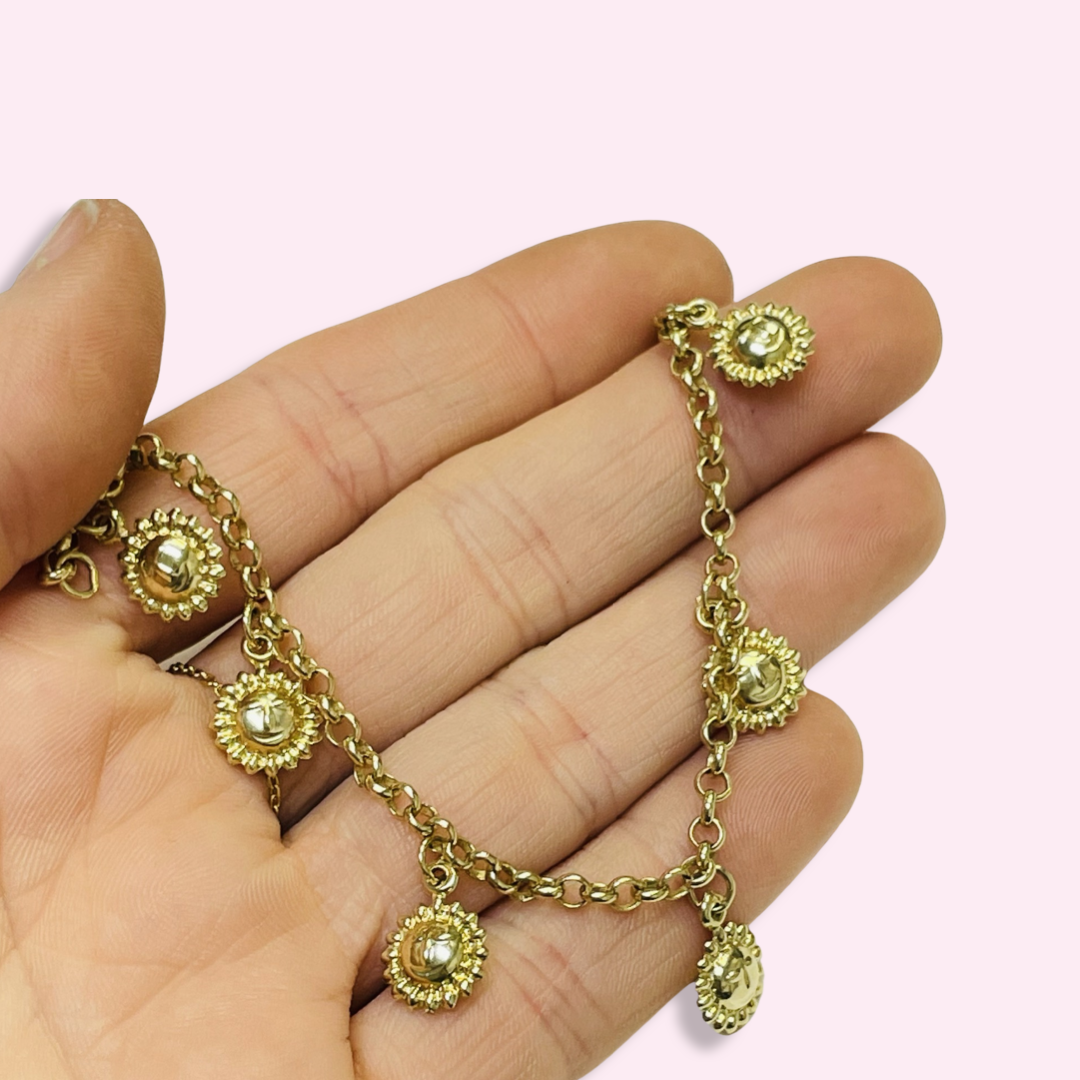 7” 14K Yellow Gold Rolo Charm Bracelet with Puffy Sun Charms