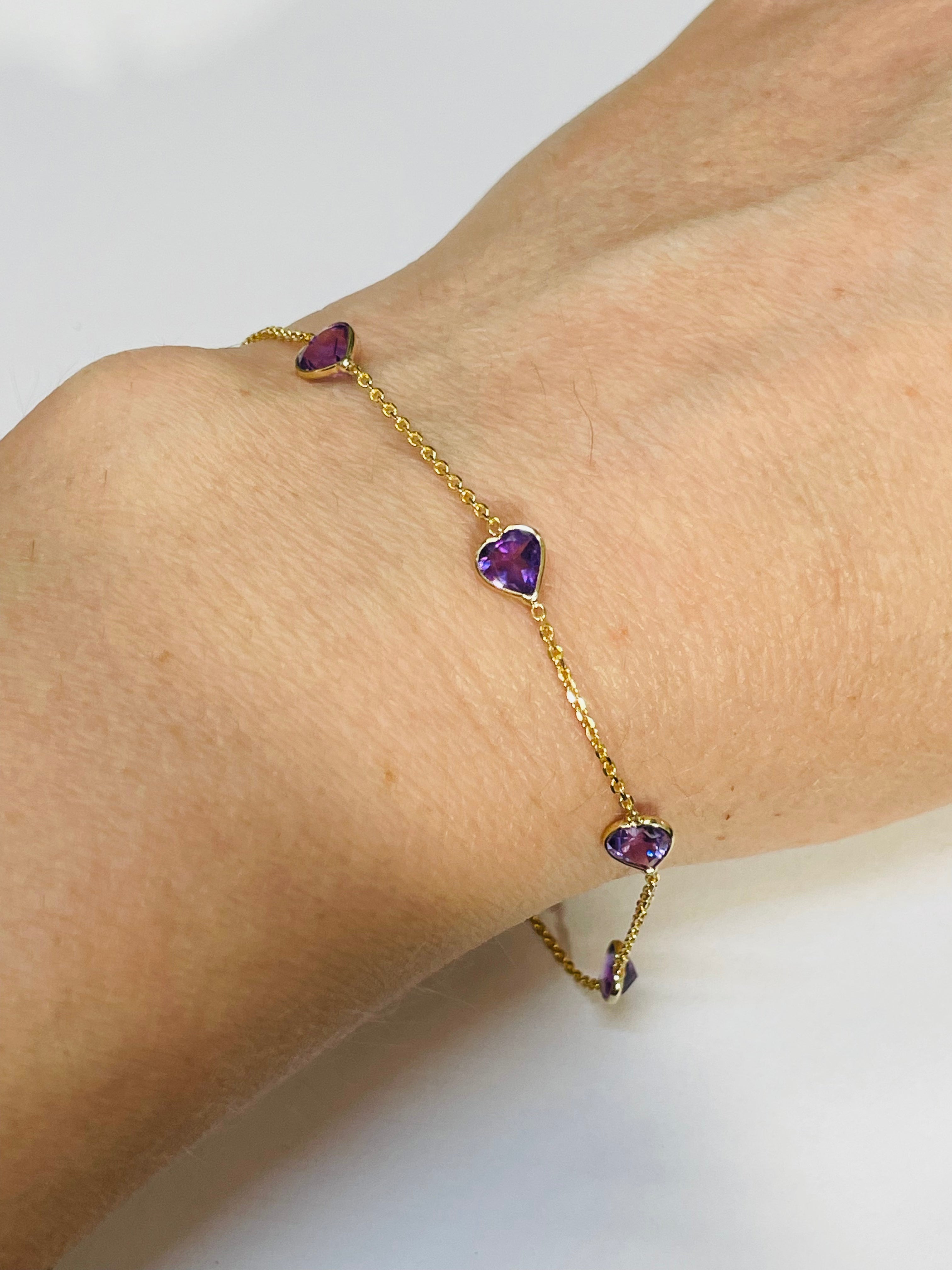 Natural Amethyst Sweet Heart Station Bracelet 14 Yellow Gold 6.25-6.75"