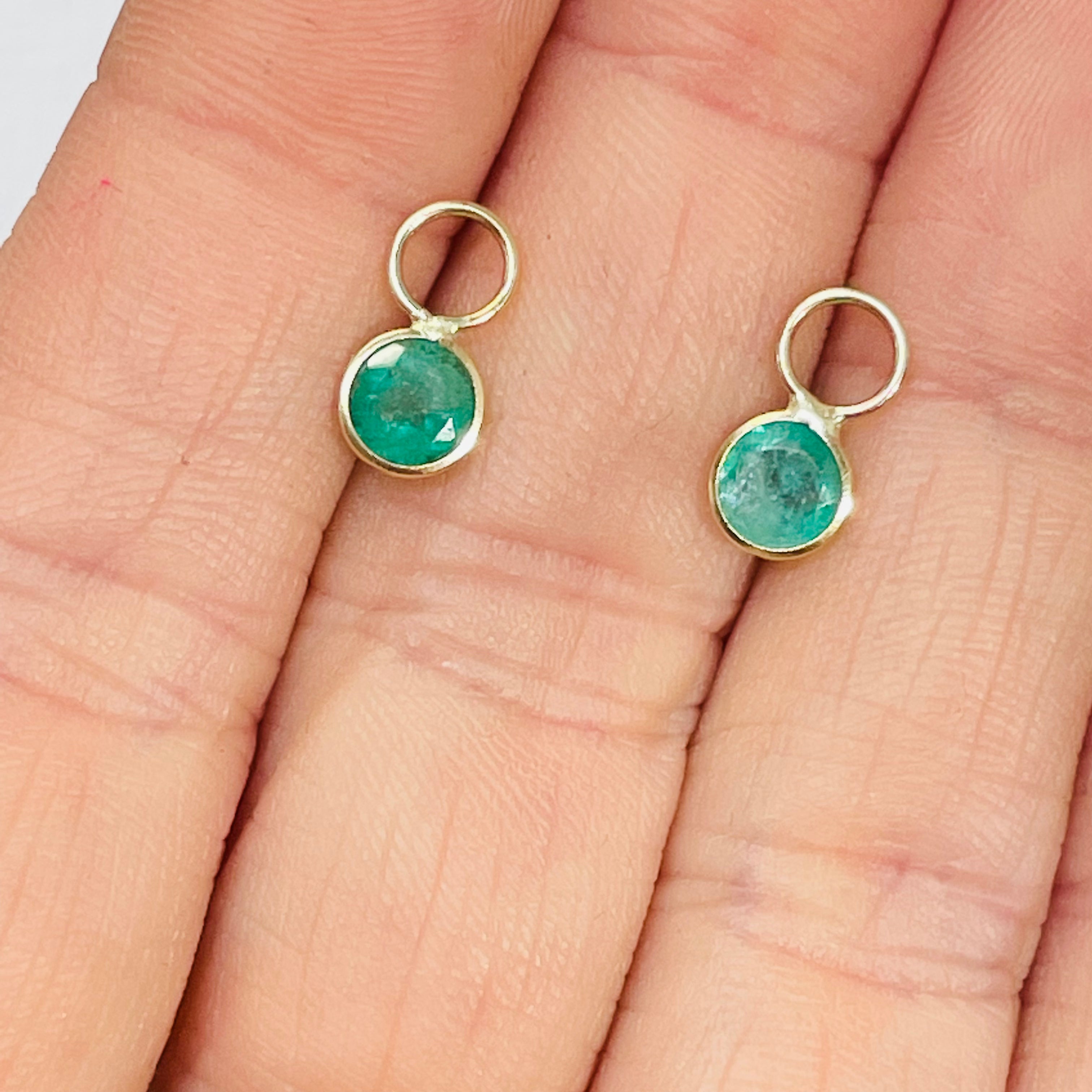 14K Yellow Gold Round Emerald Earring Charm Pair