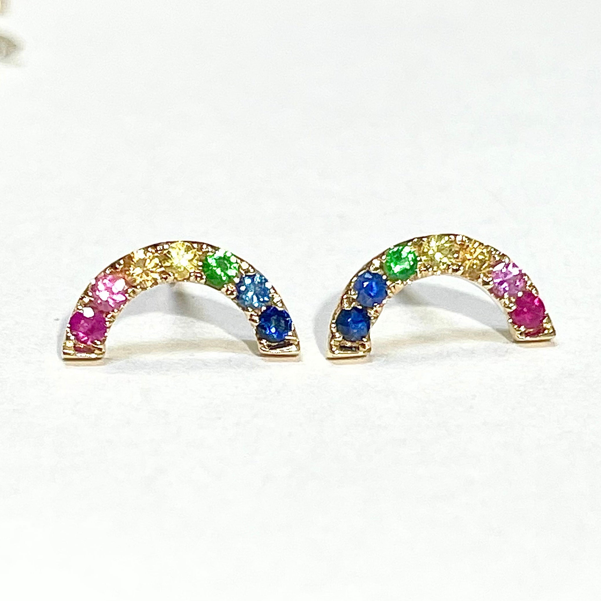 Natural Sapphire 14K Yellow Gold Rainbow Earrings Multi Stone 12x4mm