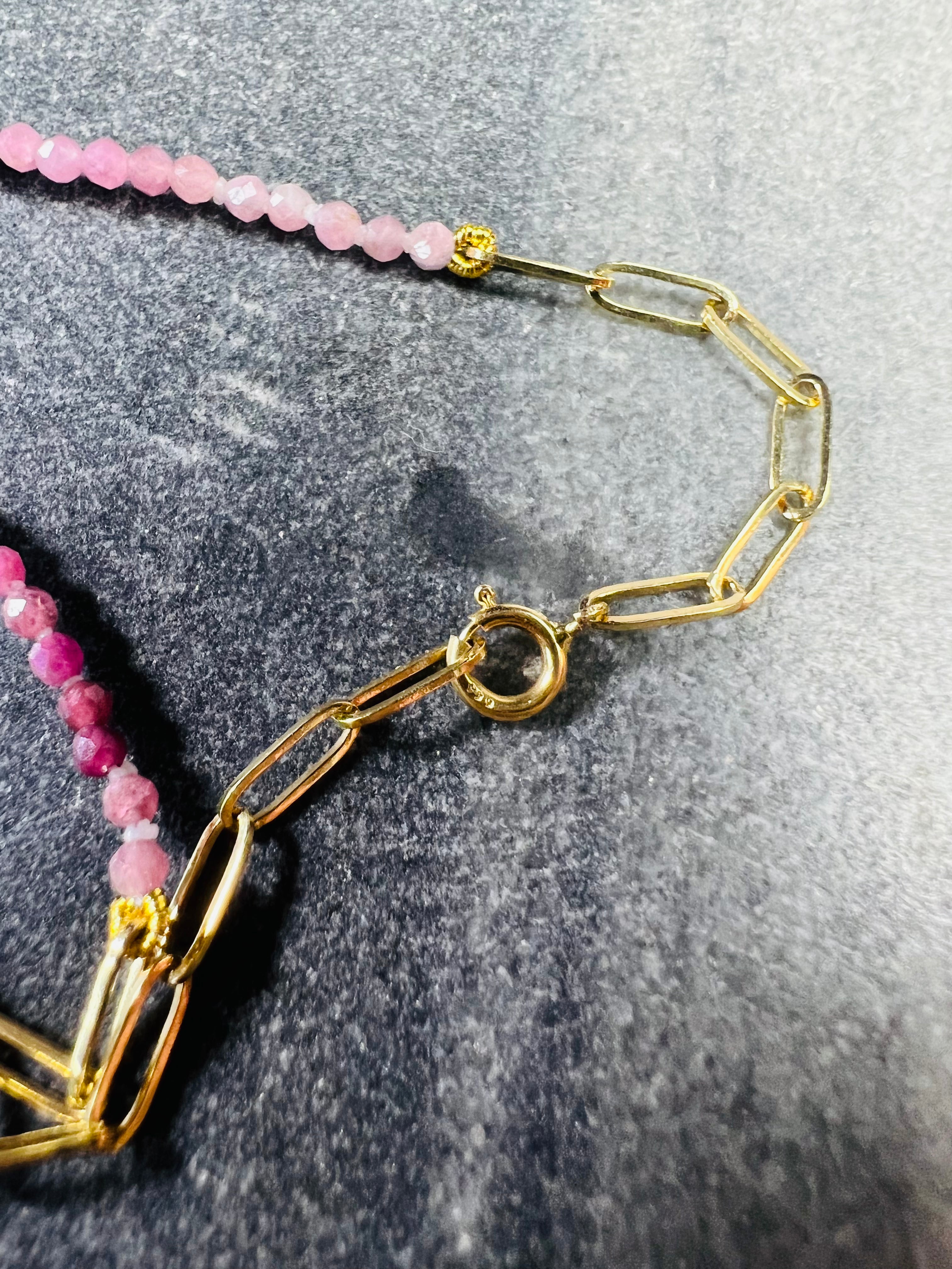 14K Yellow Gold Clasp Pink Sapphire Beaded Anklet 9.5"