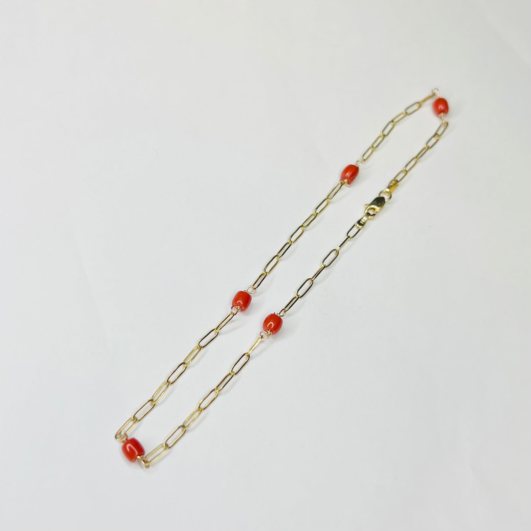 Solid 14K Yellow Gold Coral Beads Station Paperclip Anklet 10.5"