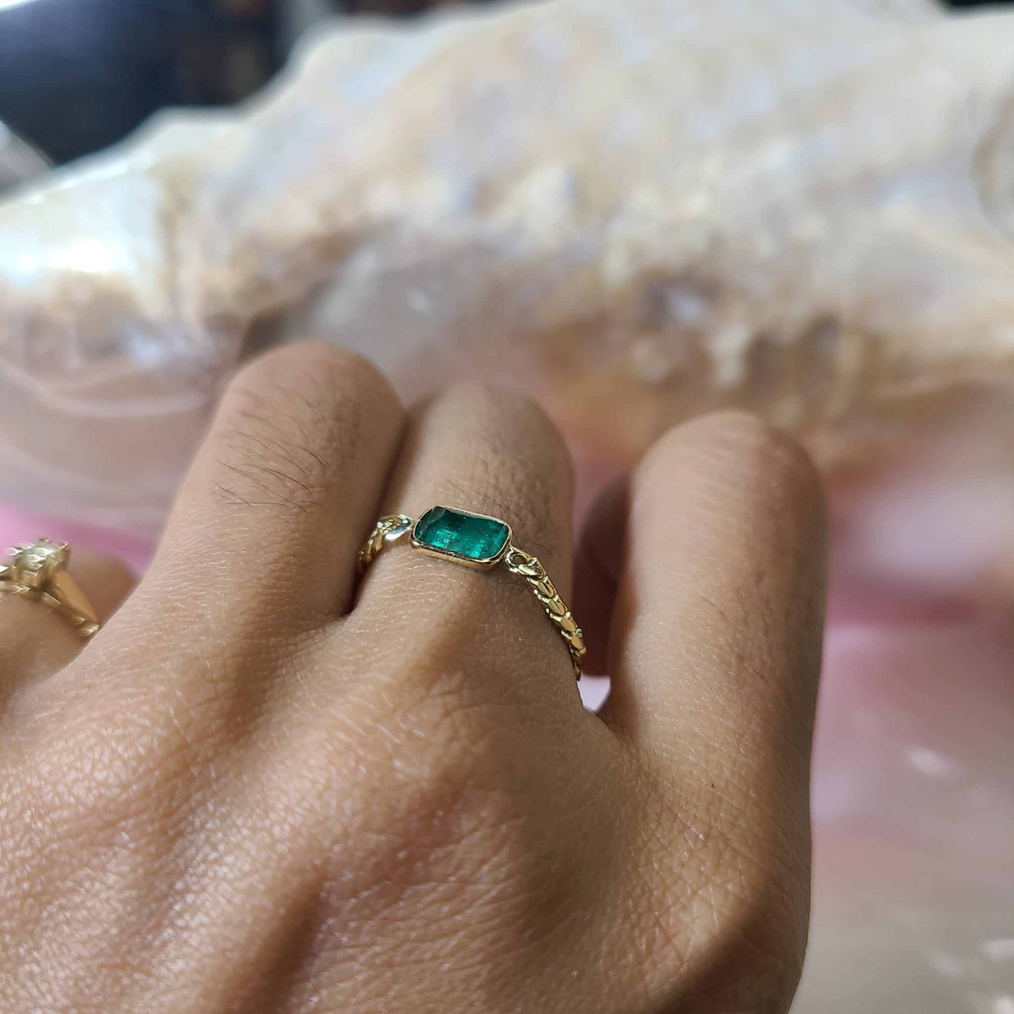 Solid 14K Yellow Gold Natural Emerald Cuban Chain Ring Size 7