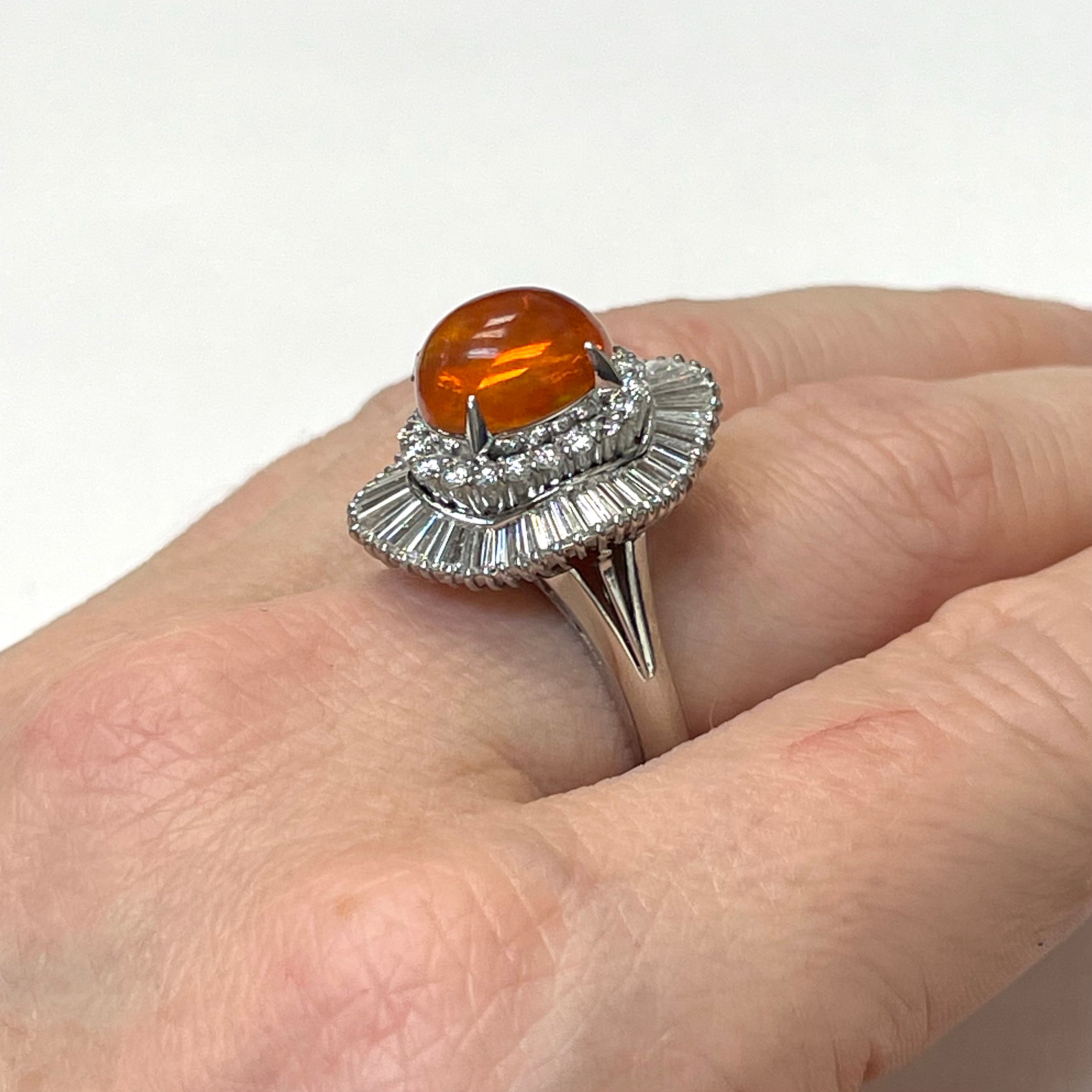 Solid Platinum Fire Opal with Baguette Halo Diamond Ring Size 7.5