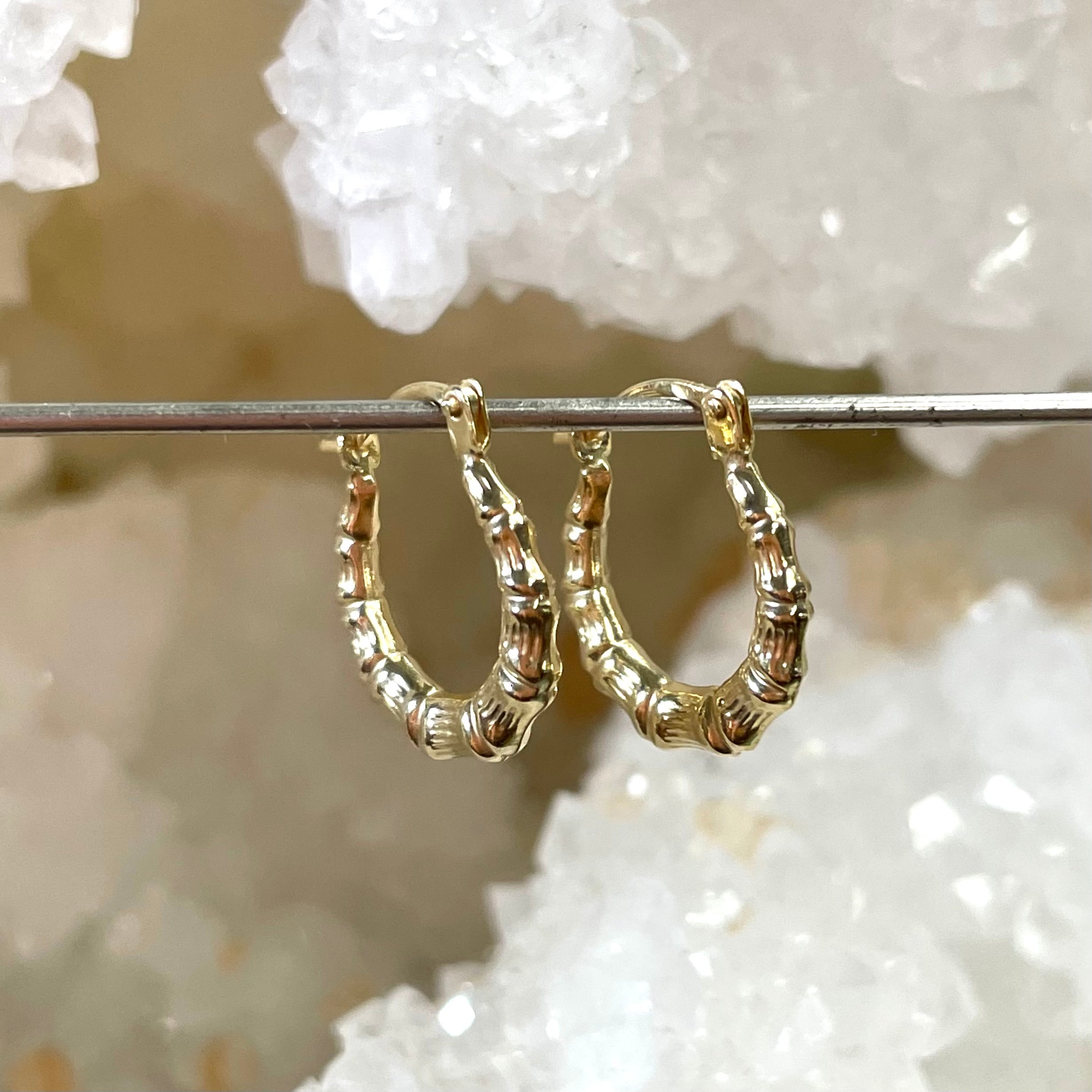 Solid 10K Yellow Gold Bamboo Style Hoops