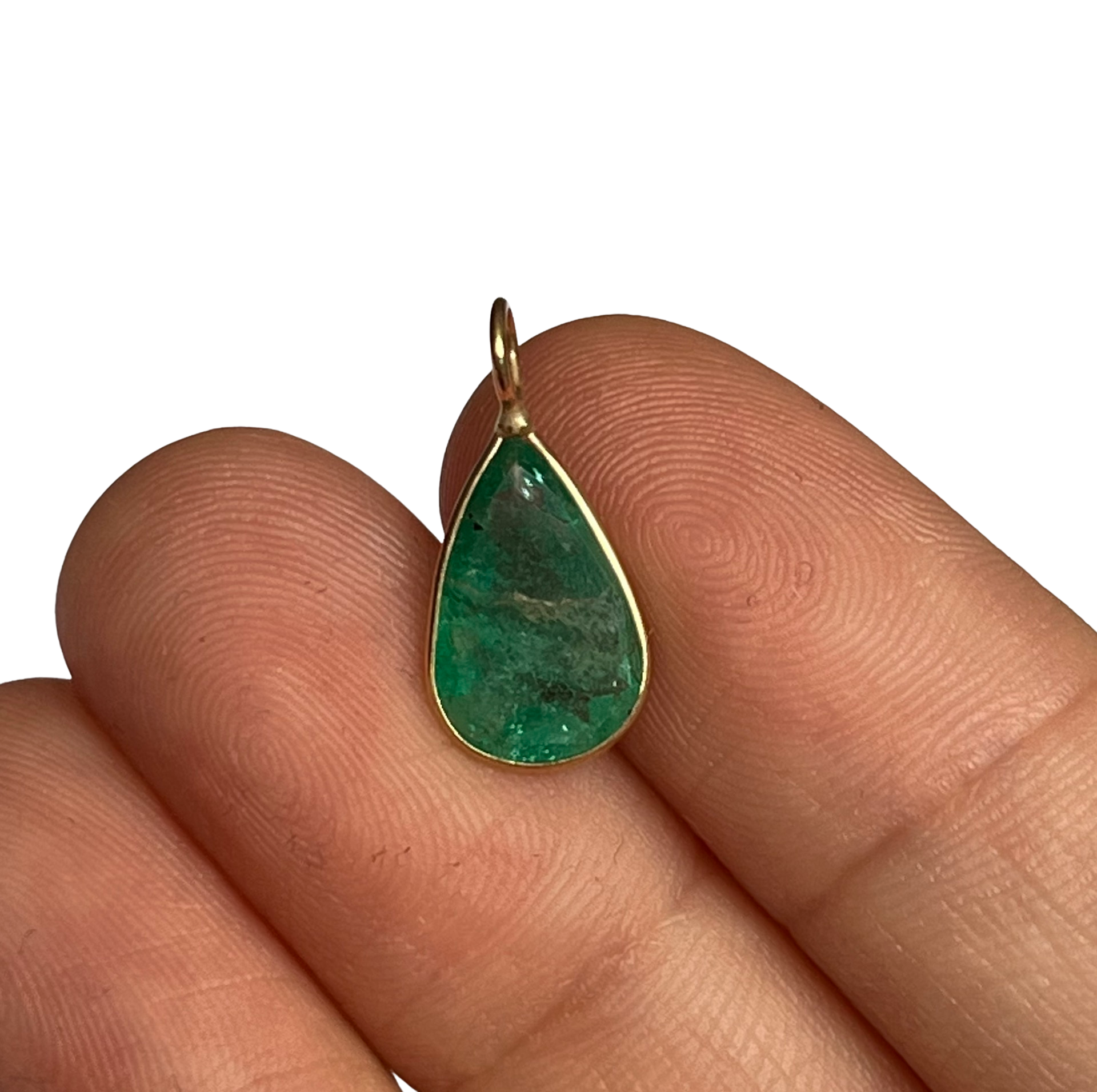 1.8ct Pear Shaped Colombian Emerald 14K Yellow Gold Pendant Charm 17x8mm