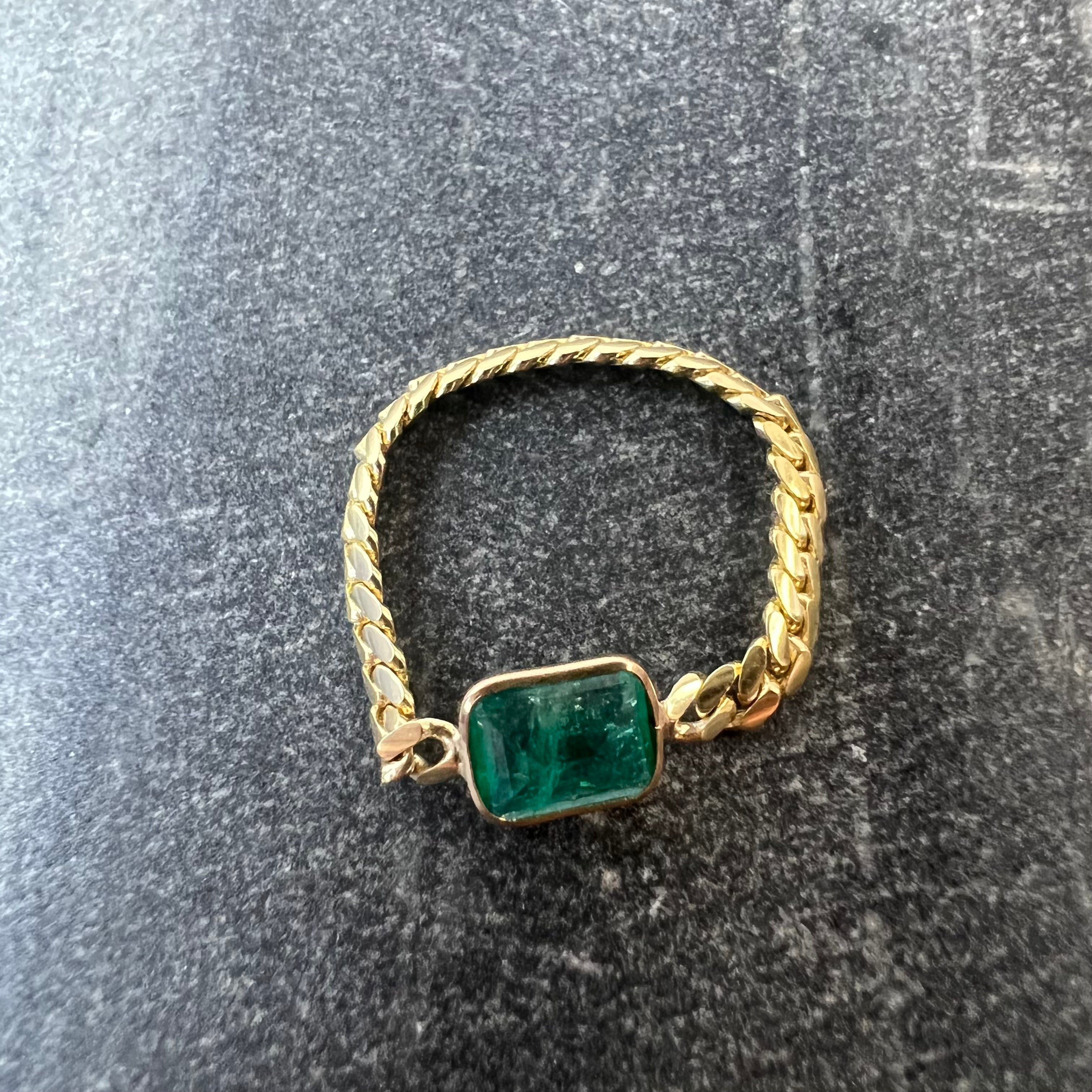 Solid 14K Yellow Gold Natural Emerald Cuban Chain Ring Size 7