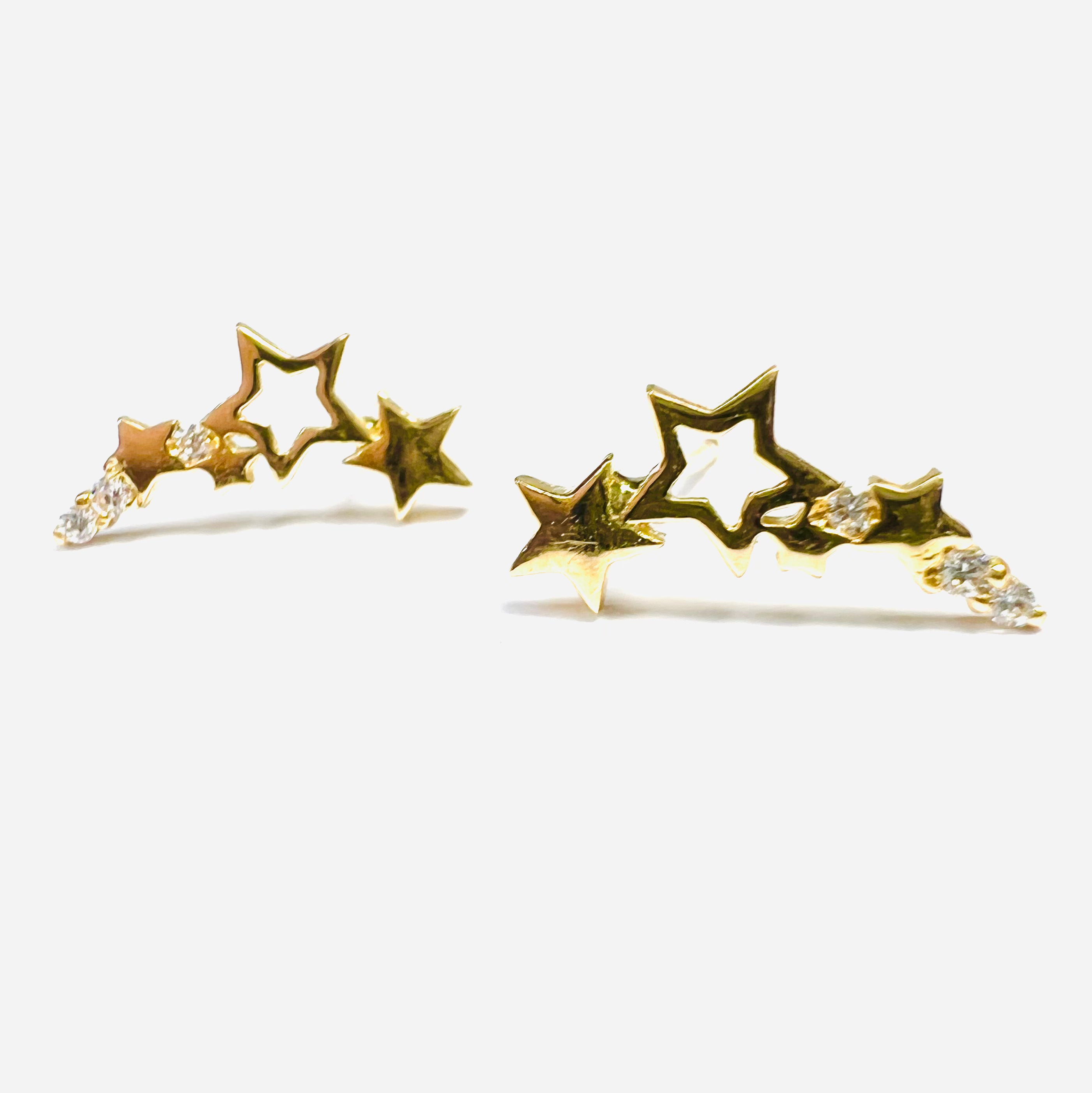 14K Yellow Gold Stars with Cubic Zirconia Pushback Earring Studs 12x5mm