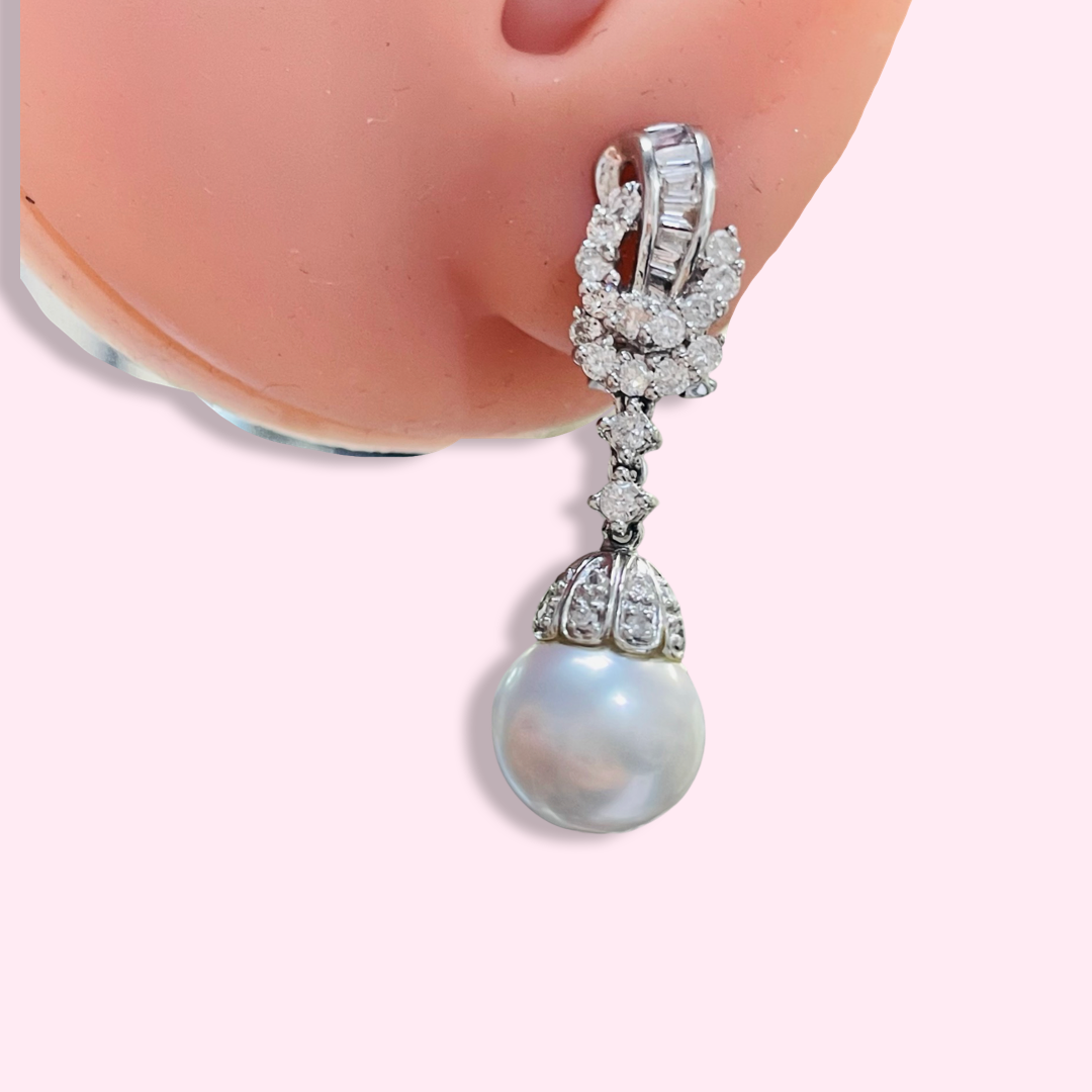 18K White Gold Diamond South Sea Pearl Drop Earrings