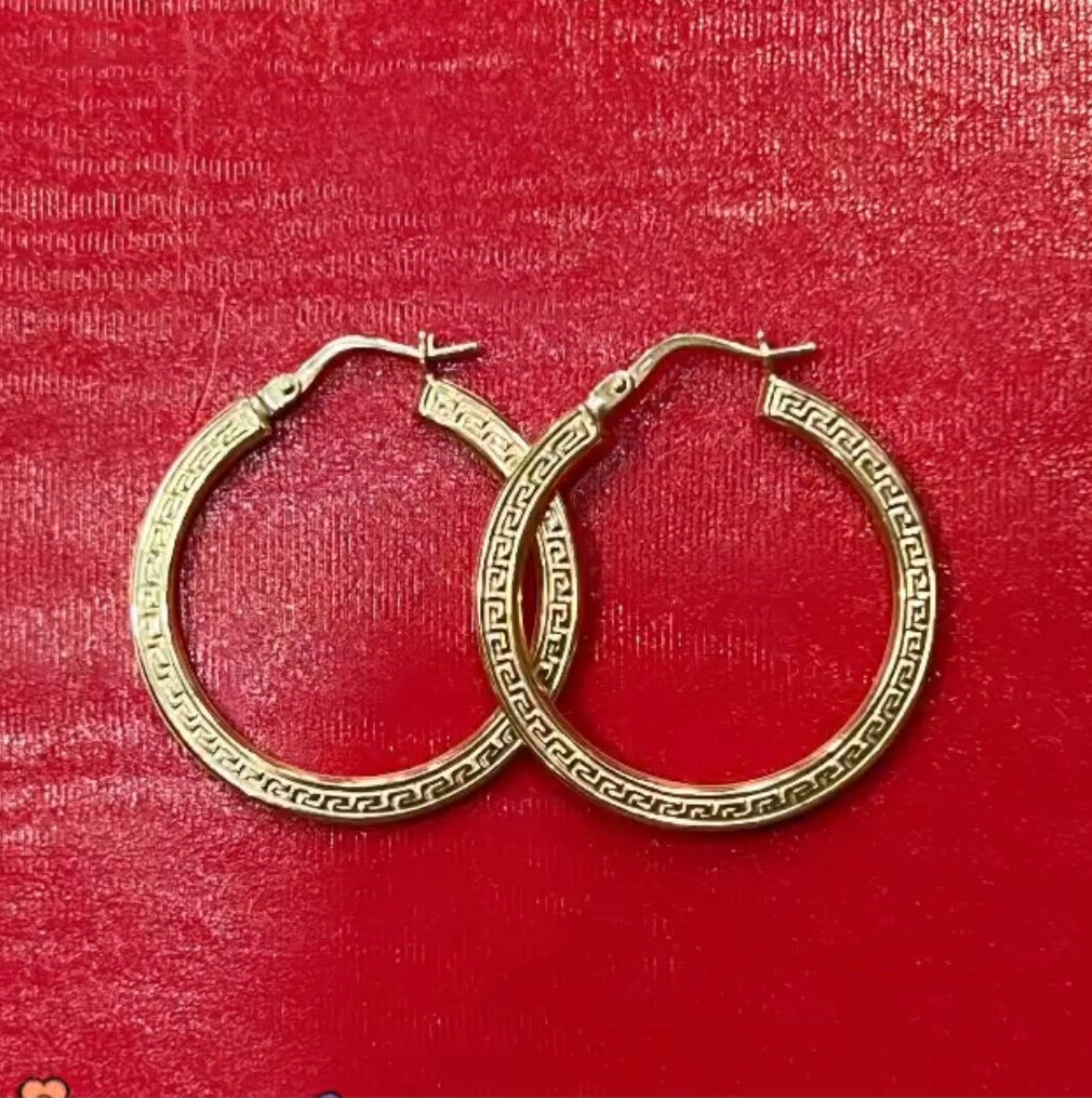 1.25” 3mm Greek Key Pattern Hoop Earrings