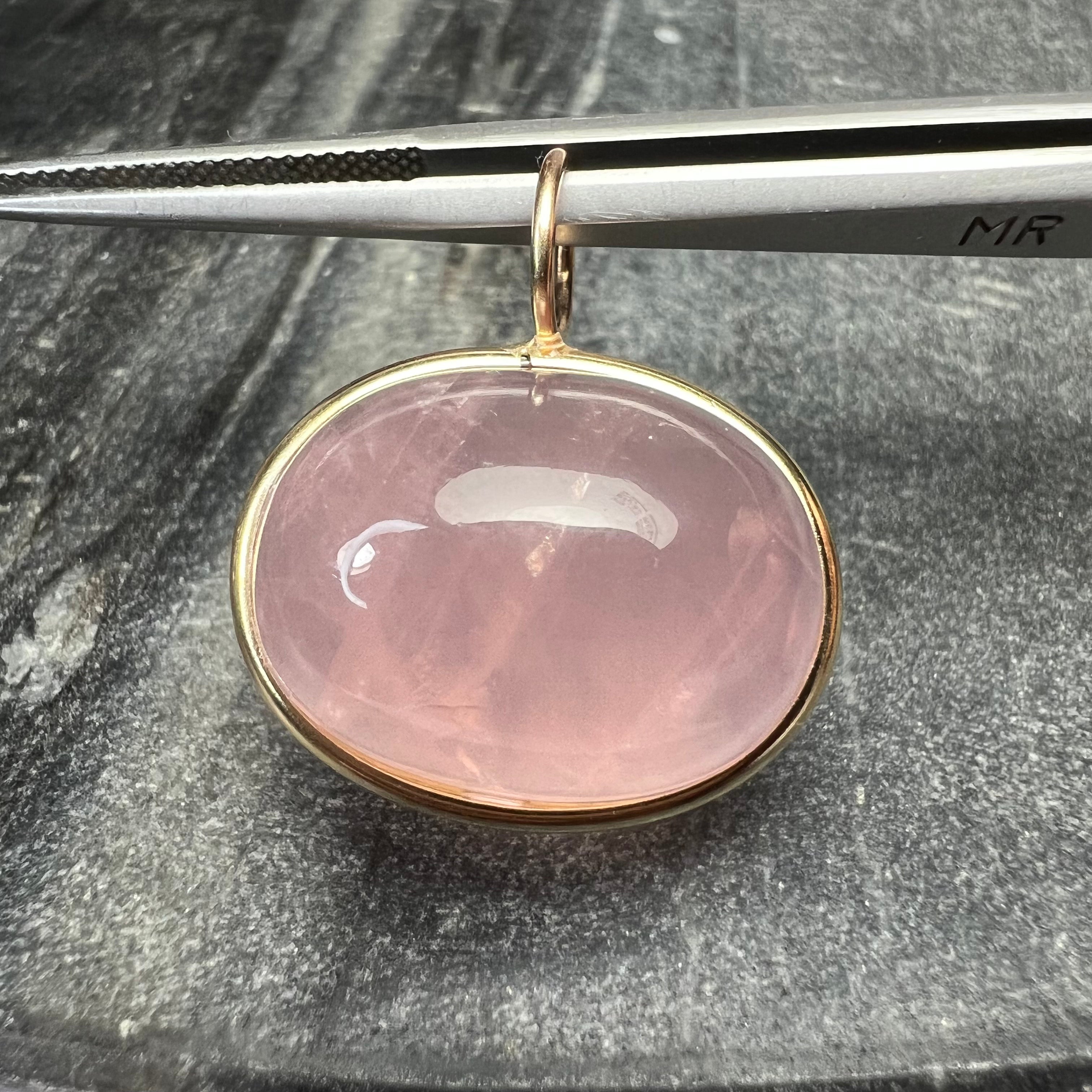 29CT Natural Cabochon Rose Quartz 14K Yellow Gold Pendant Charm 26x23mm