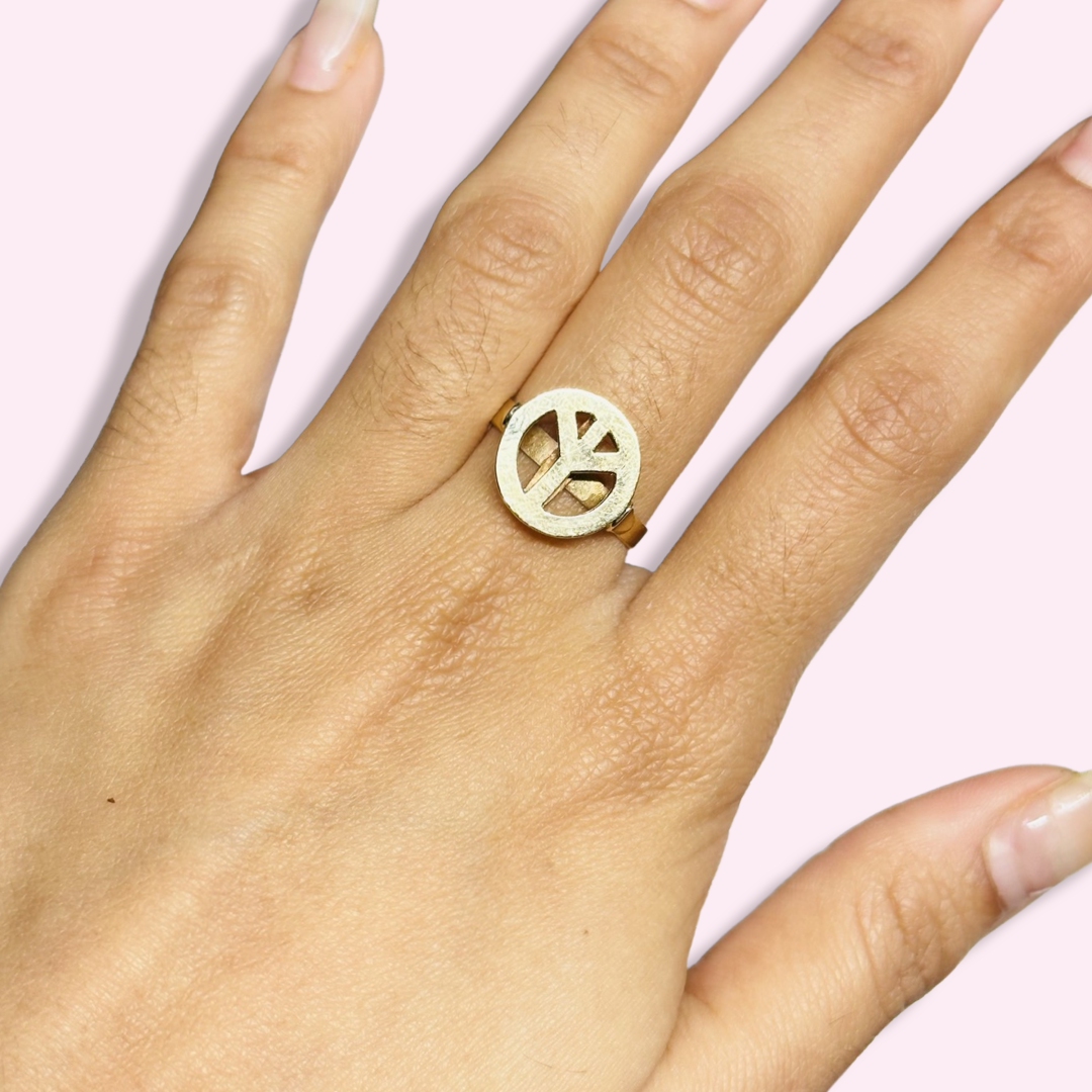 Solid 14K Yellow Gold Peace Symbol Ring Size 7