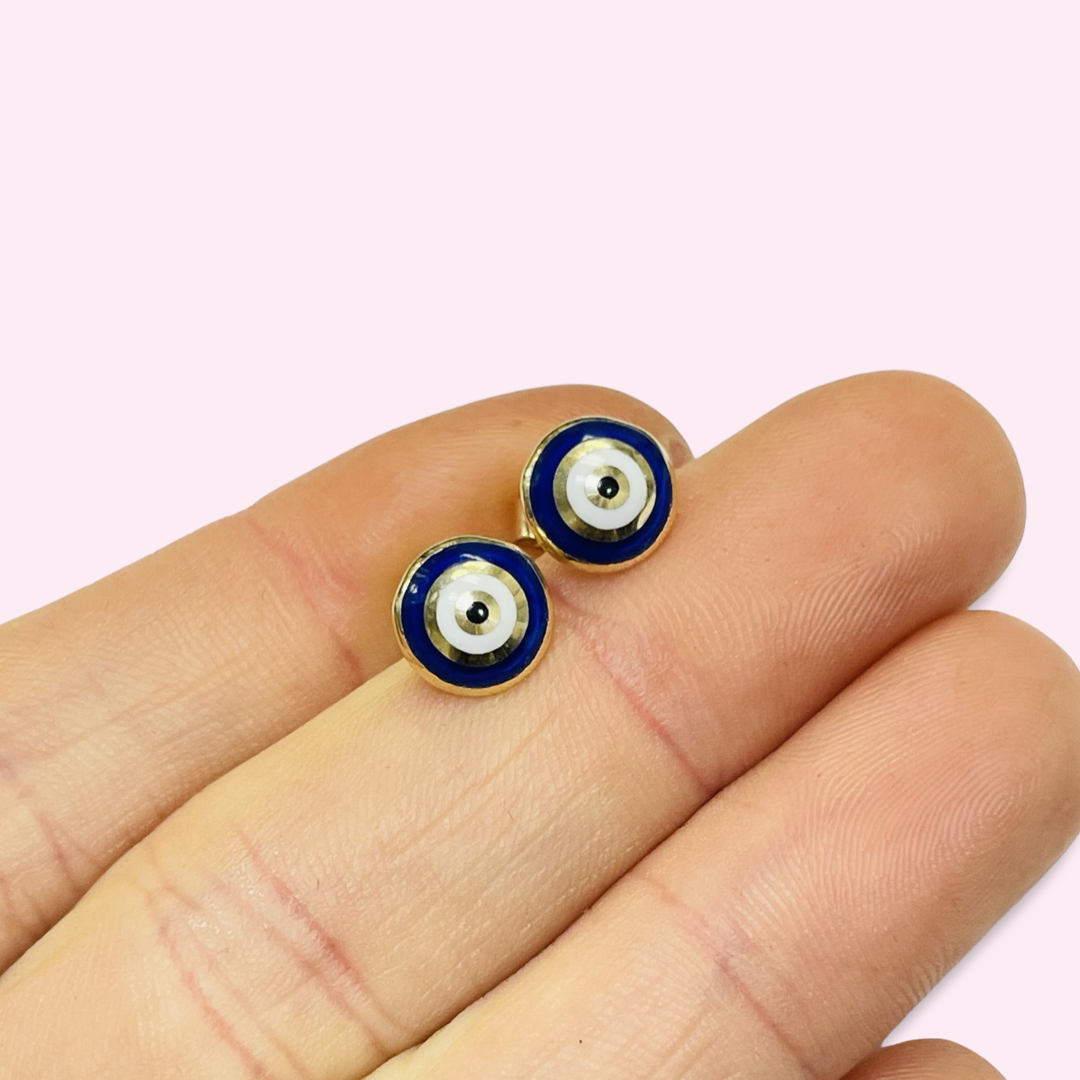 10K Yellow Gold 8mm Enamel Evil Eye Stud Earrings