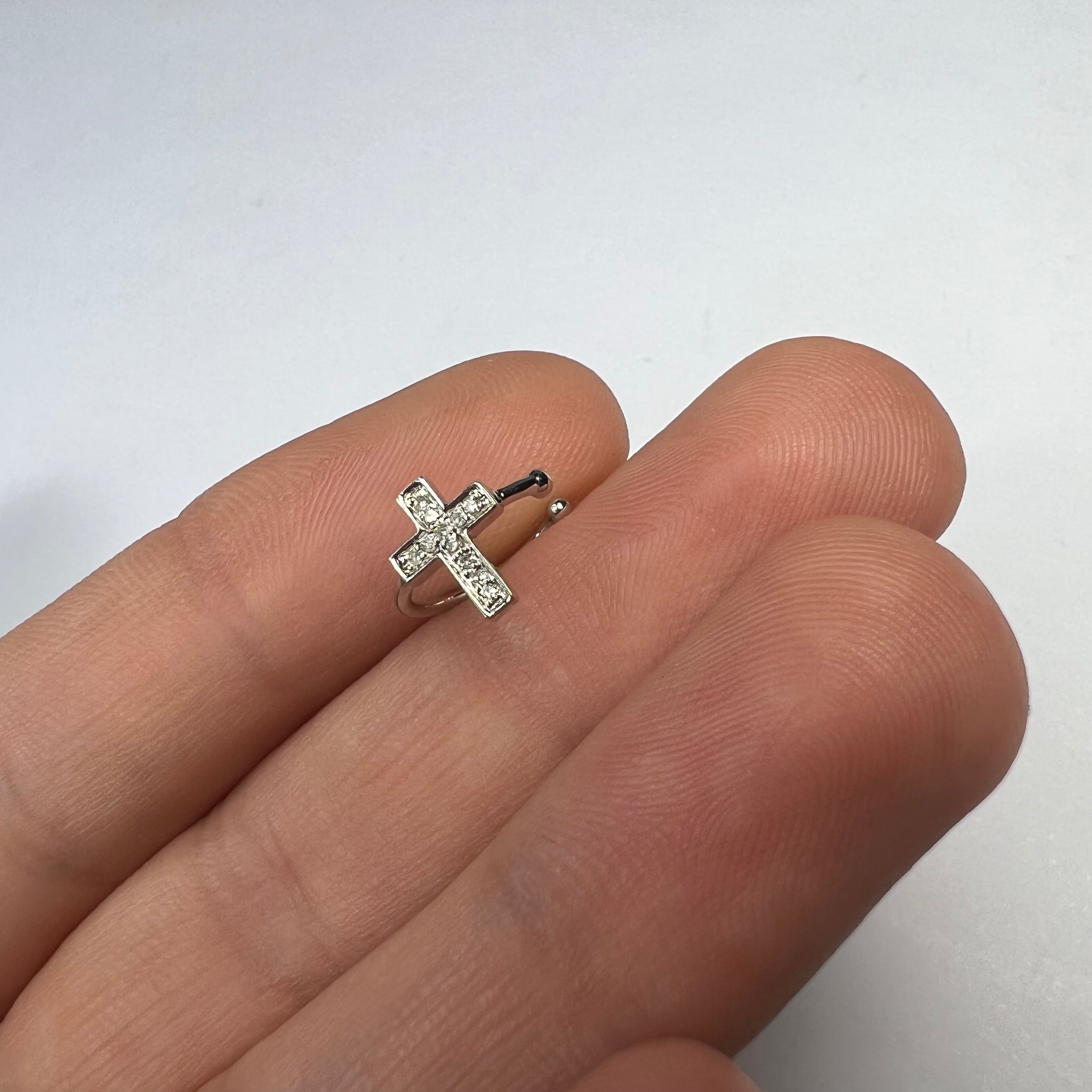 14K White Gold Single Cross Diamond Earring Cuffs 10mm