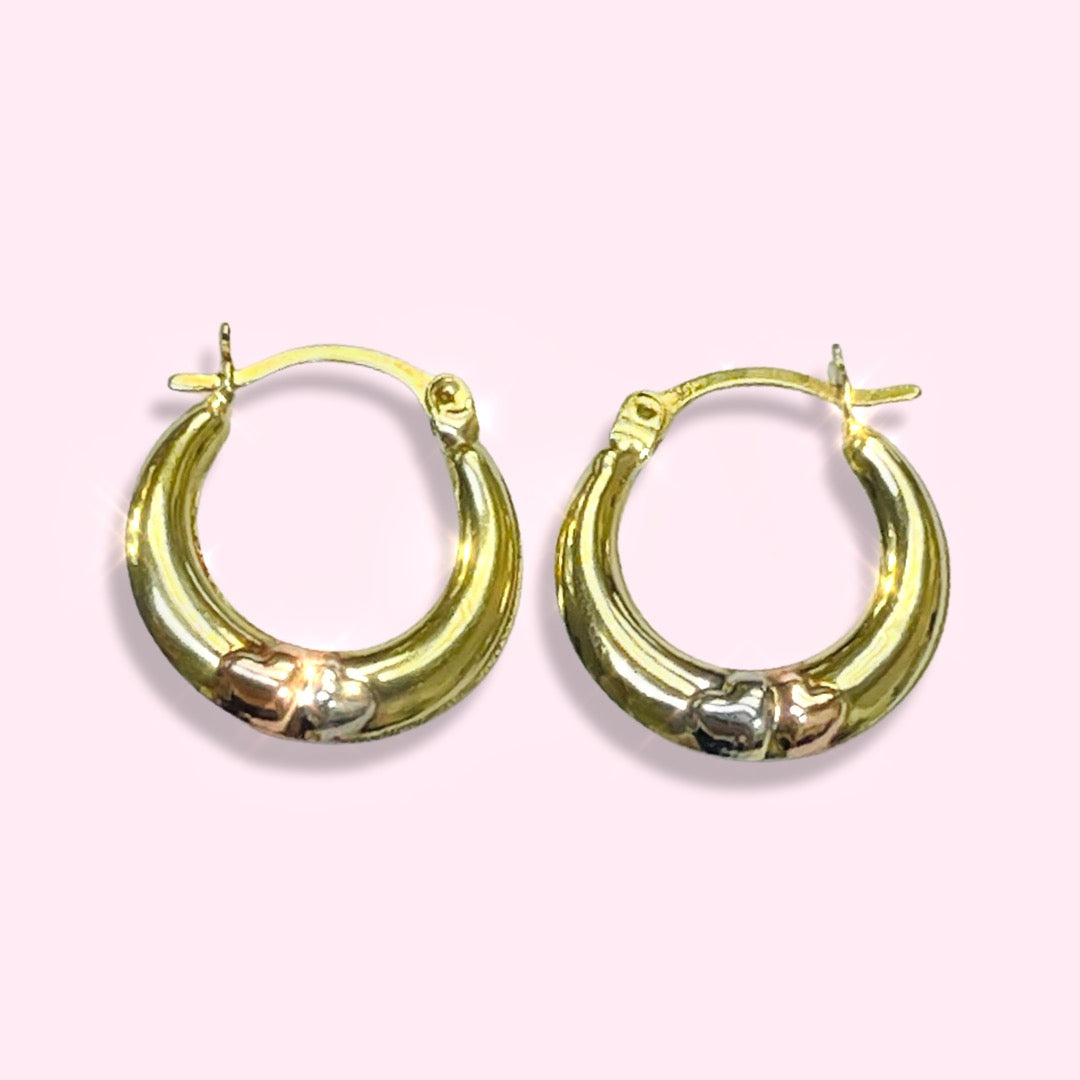 .65” 10K Tritone Rose White Yellow Gold Tapered Double Heart Pattern Hoop Earrings
