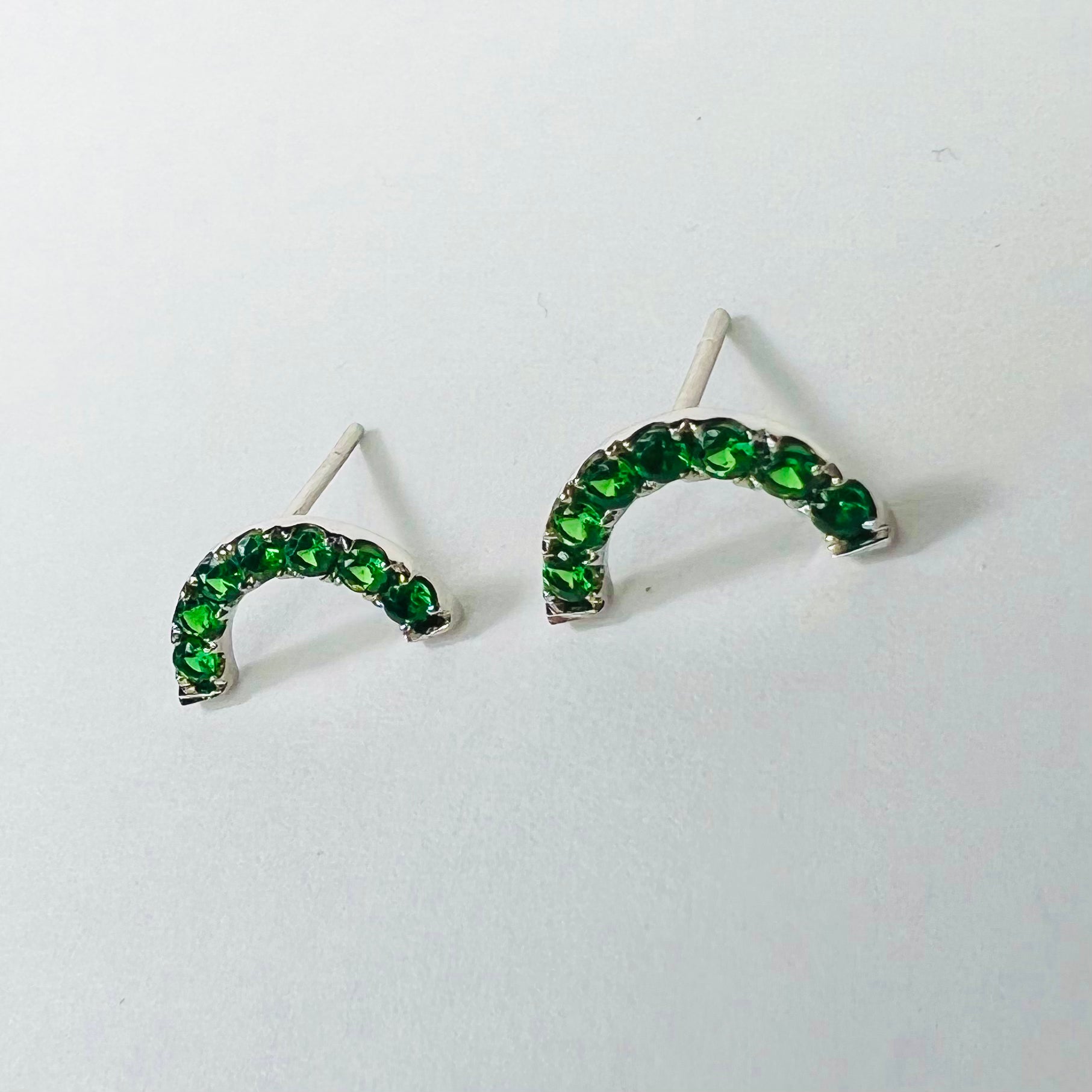 Solid 14K White Gold Crescent Moon Tsavorite Studs 12x6mm