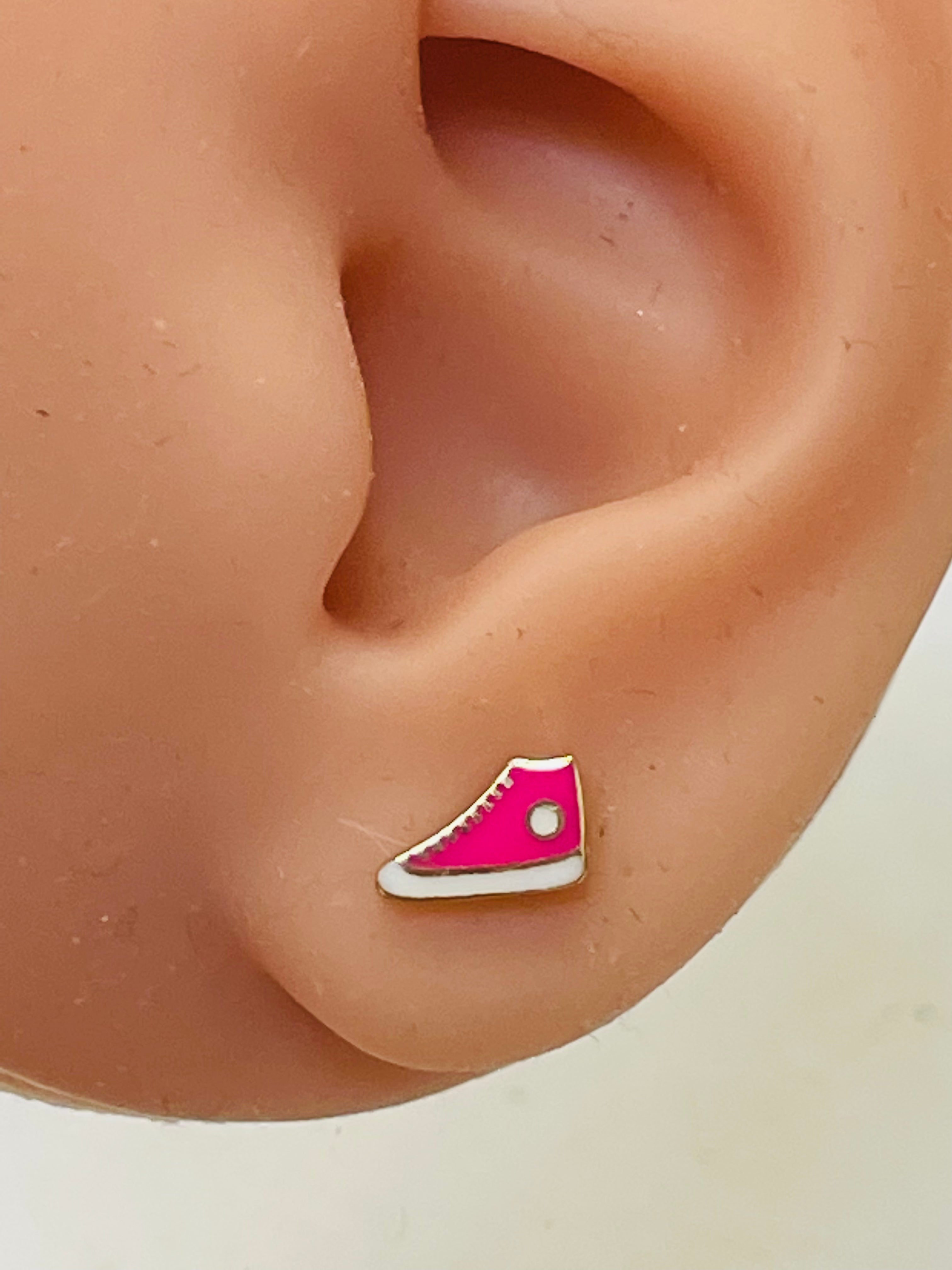 Hot Pink Enamel Sneaker Earring Studs 14K Yellow Gold  9x6mm