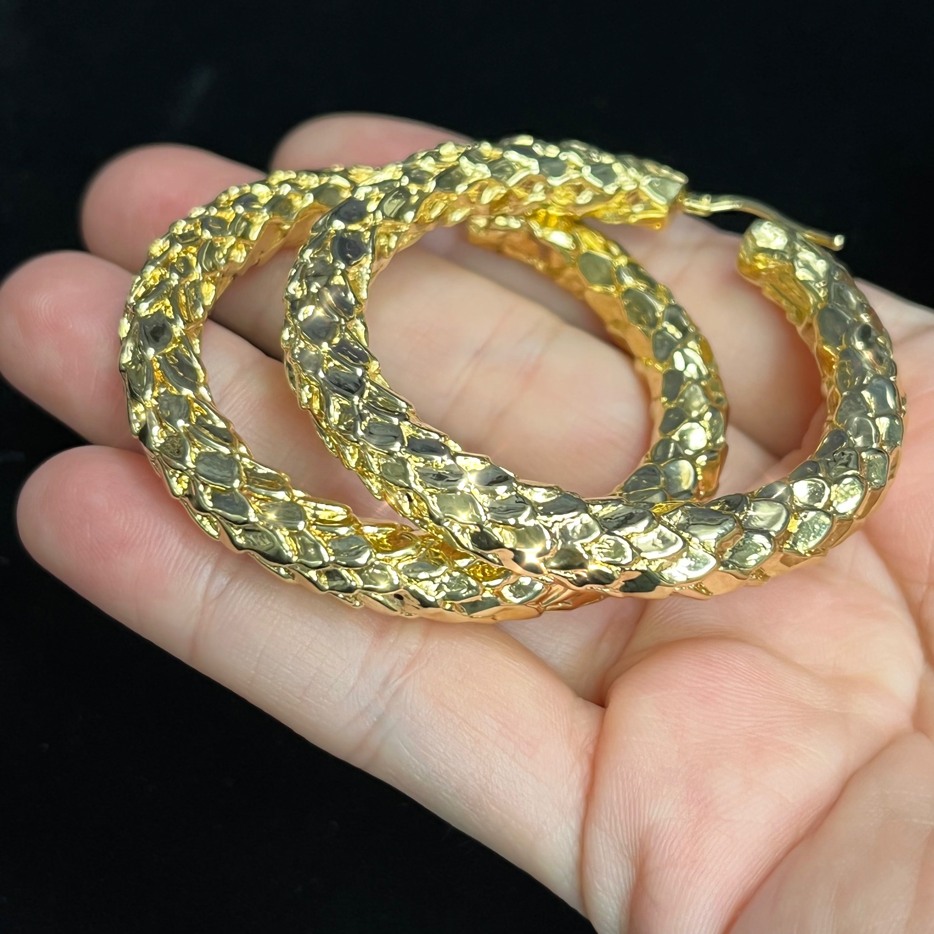 Cool Snake Skin 2.1" 14K Yellow Gold Puffy Hoop Earrings