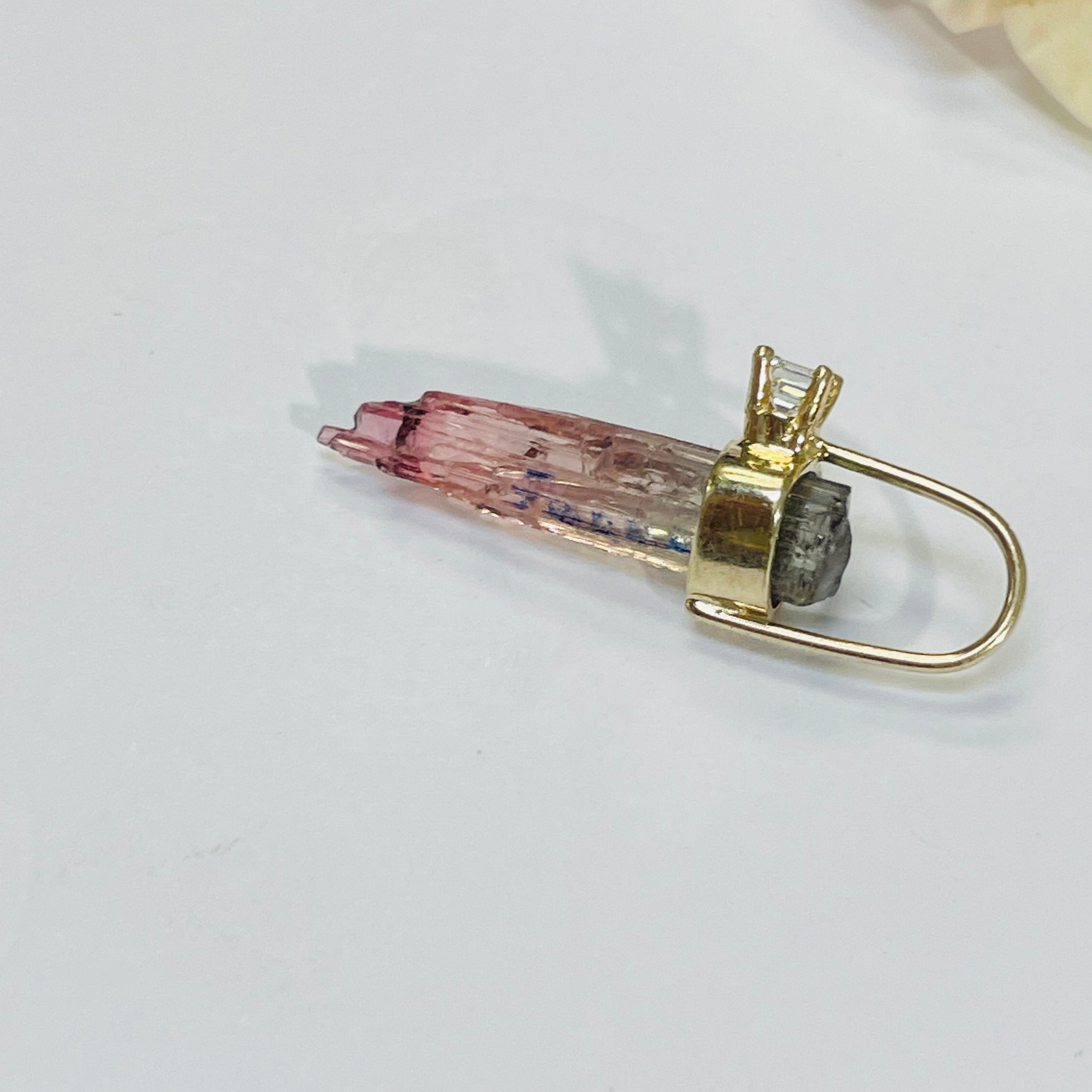 Rough Pink Tourmaline and Diamond 14K Yellow Gold Amulet